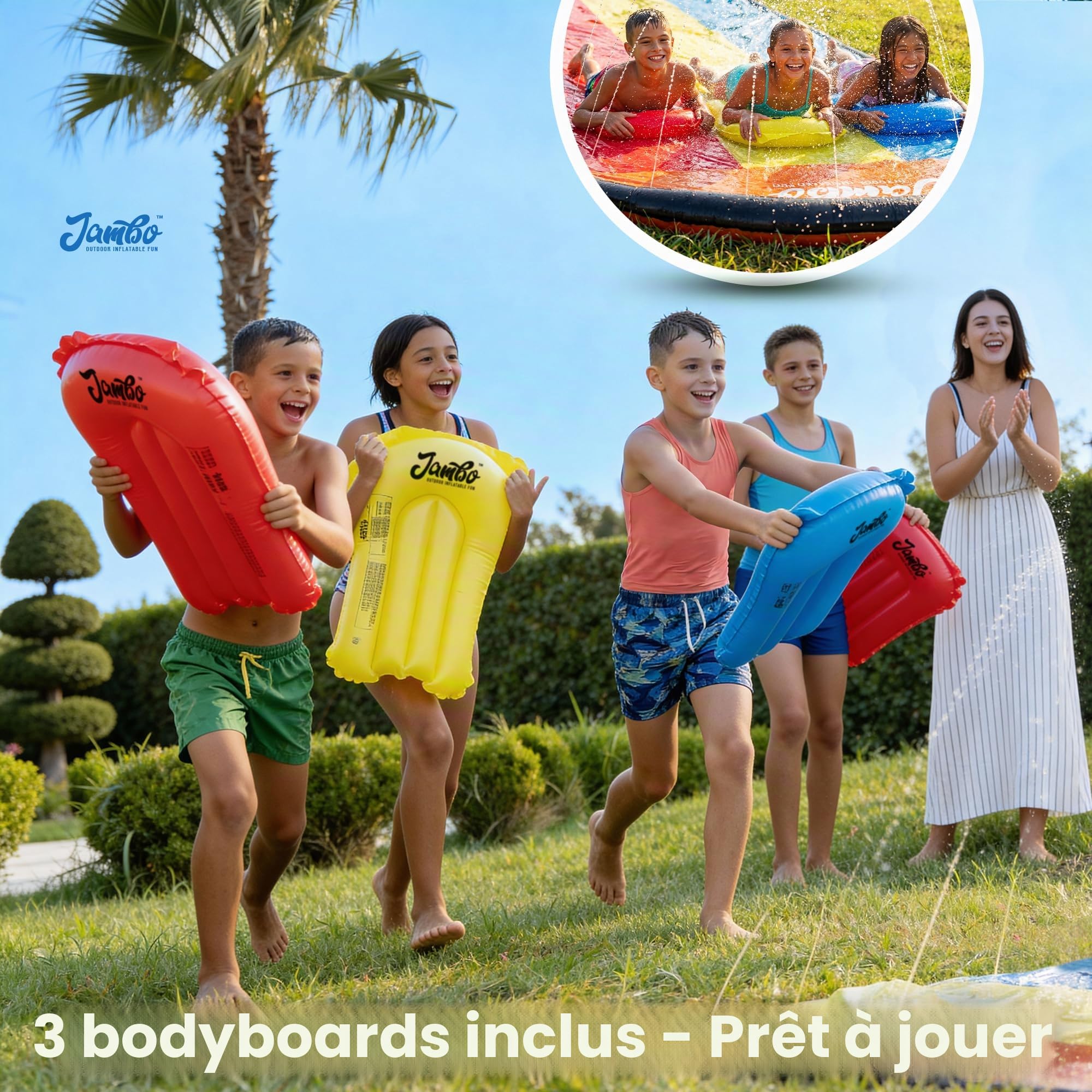 JAMBO Ventriglisse, Toboggan Aquatique 610 cm /20 ft, Tapis de Glisse Eau Enfant à Triple Piste avec 3 Bodyboards, Tapis Glissant Enfant, Jeux D’Eau