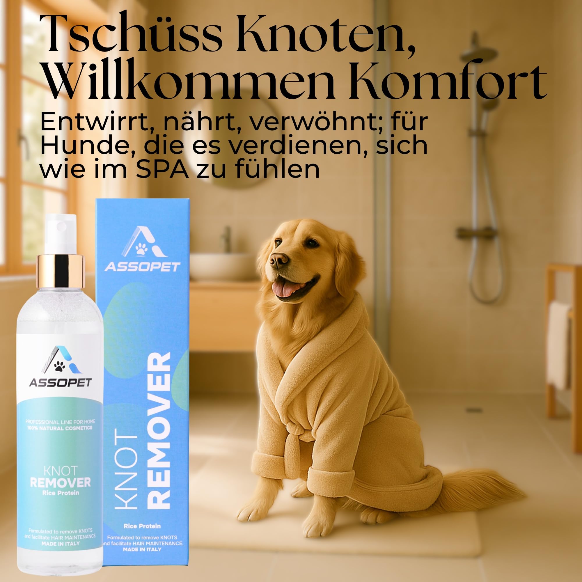 Entfilzungsspray Hund 250 ml – Entfilzer & Entwirrungsspray löst Knoten & Verfilzungen – Leave-In Fellspray mit Phytokeratin & Reisprotein – Verbessert Kämmbarkeit – Fettet Nicht – Made in Italy