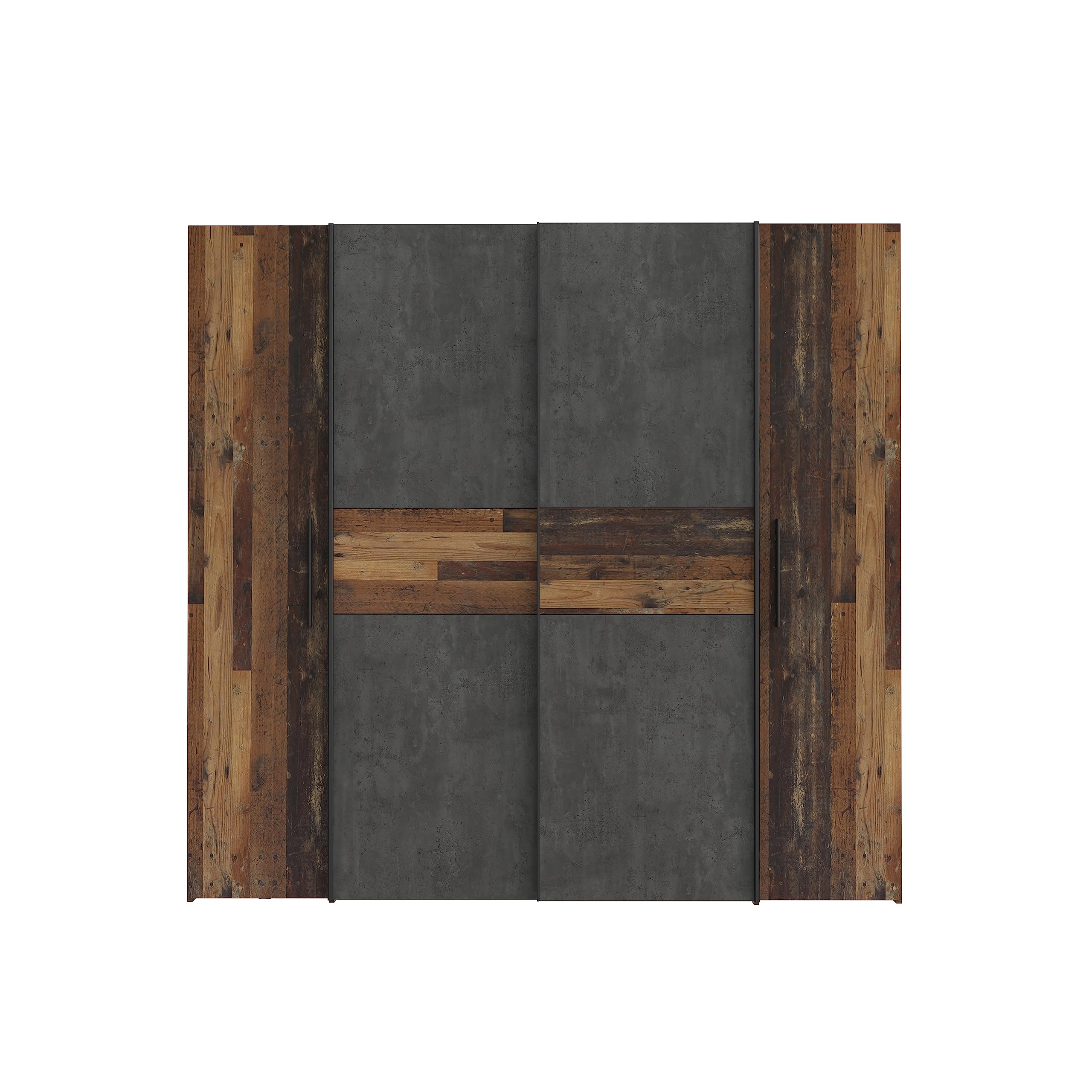 FORTE KALIXTUS Schrank 200, Kleiderschrank, Schwebetürenschrank Industrial Schlafzimmer Drehtürenschrank, 4-türig Old – Wood Vintage / Betonoptik Dunkelgrau, 200 cm breit x 190.5 cm hoch x 62 cm tief