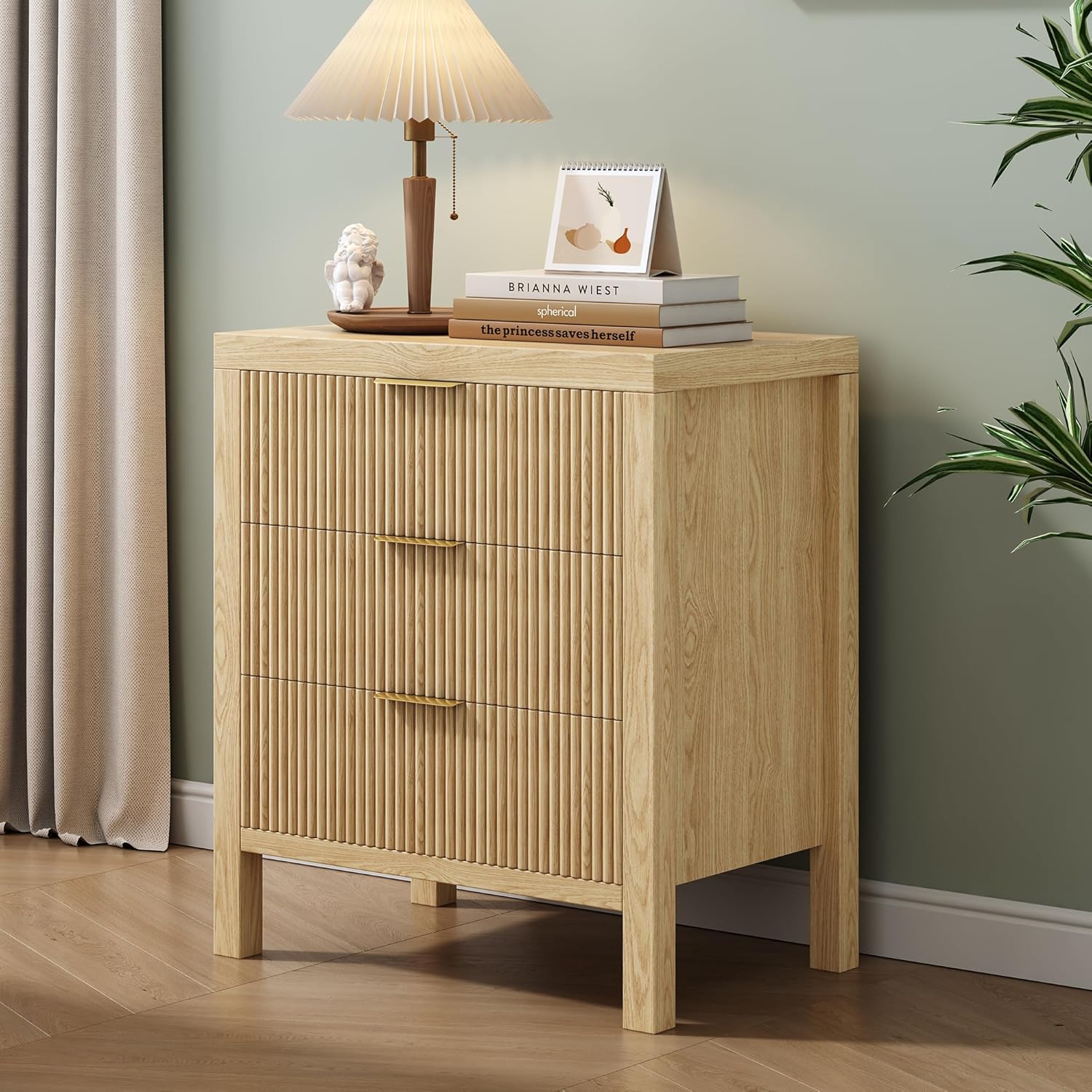 3 Drawer Dresser for Bedroom, Modern Wooden Chest with Handles, Fluted Dresser with Wide Drawers and Bearing Slide for Hallway, Entryway, Walnut