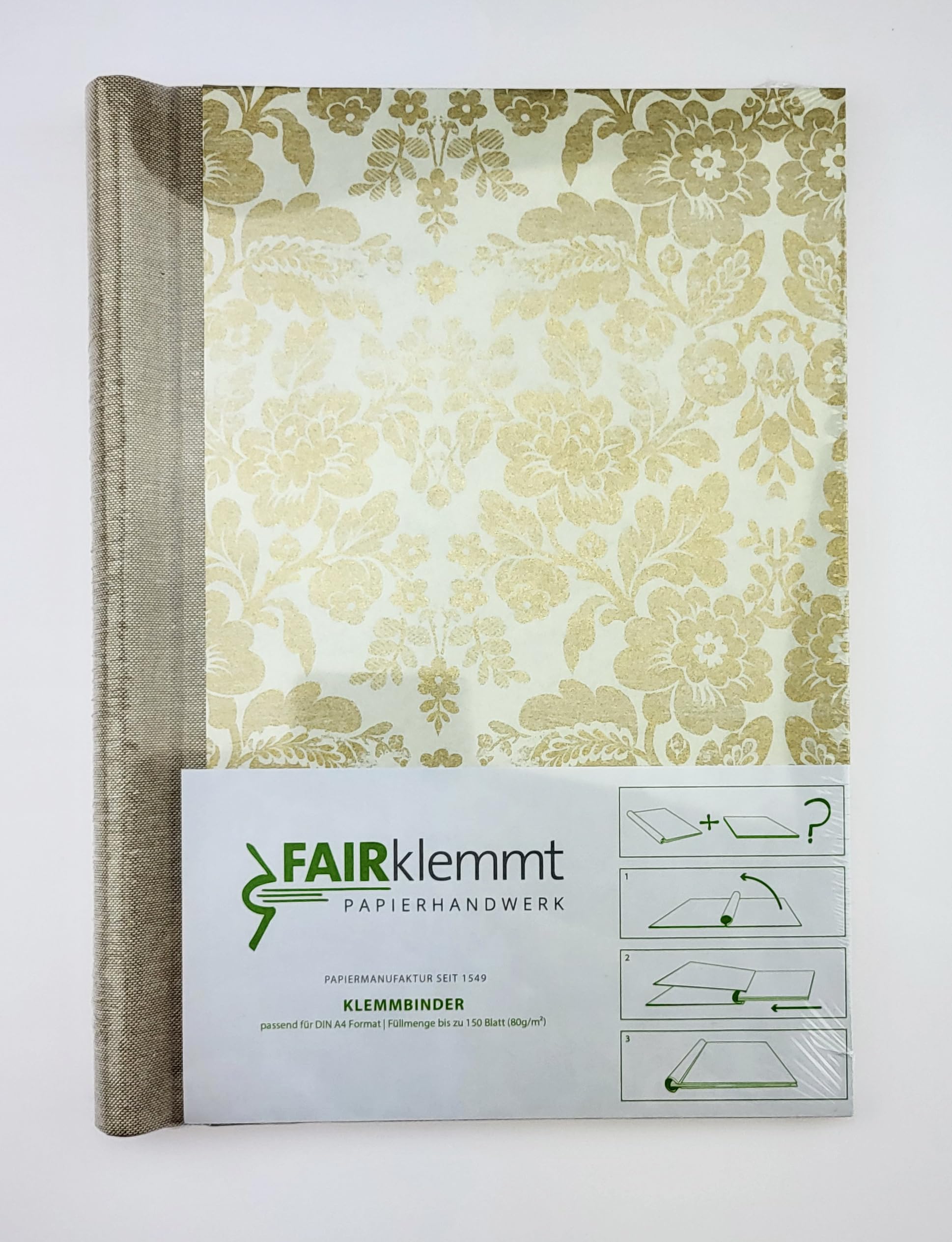 Klemmbinder Luxury Brokat Naturleinen, A4, Gold- und floralem Motiv, 22.5 x 30.8 cm, 3mm starke Buchbinderpappe, italienisches Dekorpapier, Naturleinenrücken