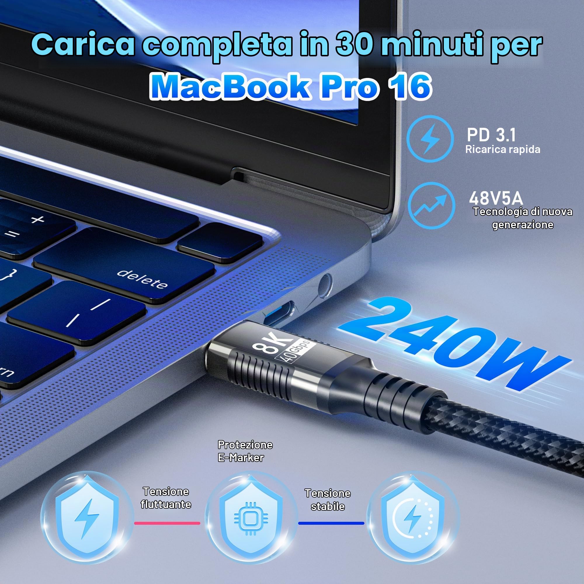 prolunga usbc lungo 3 m,extension usb5 40Gpbs compatibile con prolunga thunderbolt 5,8K@120Hz/4K@60Hz type c femmina maschio 240W Ricarica rapida per Thunderbolt 4/3,USB 4/3, SSD eGPU.