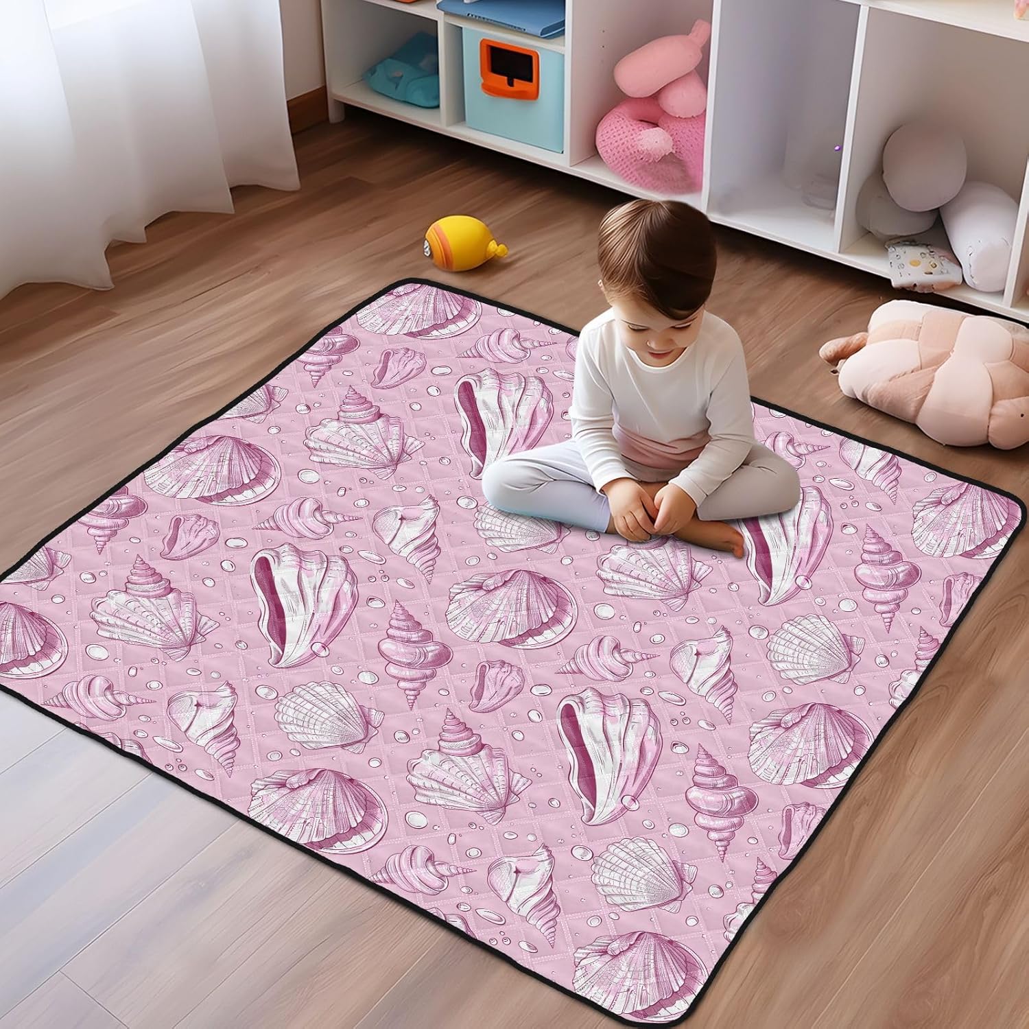Baby Play Mat Pink Seashells Pink 50 x 50 Playpen Mats for Floor Play Gym Crawling Mat Non-Slip Cushioned Baby Playmat for Infants, Babies, Toddlers