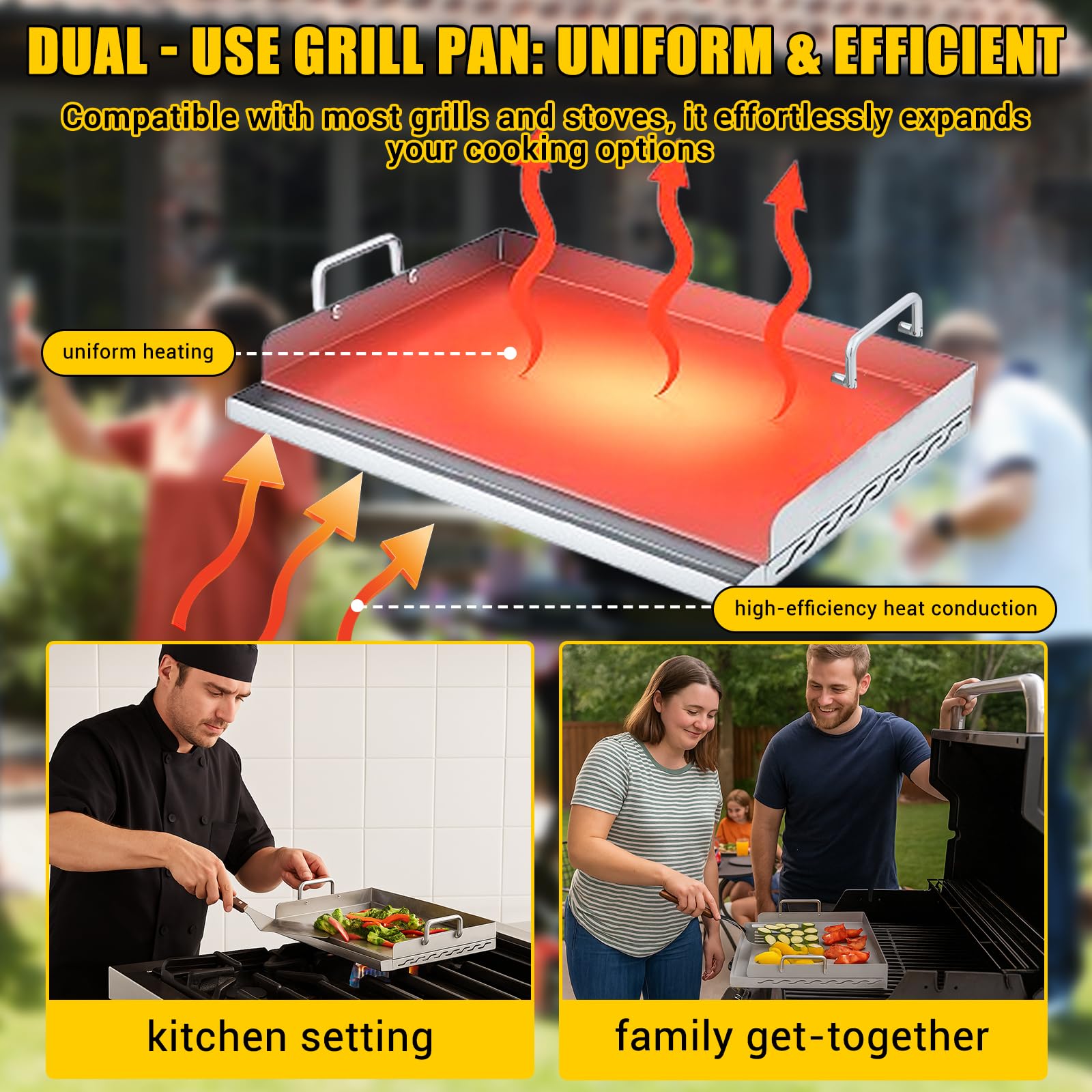 Plancha Grillplatte Edelstahl 51x32x7cm, Grillplatte Gasgrill für Holzkohle Grillwagen & Gasgrill, Antihaftbeschichtung, Fettwanne & Stabiler Aufbau