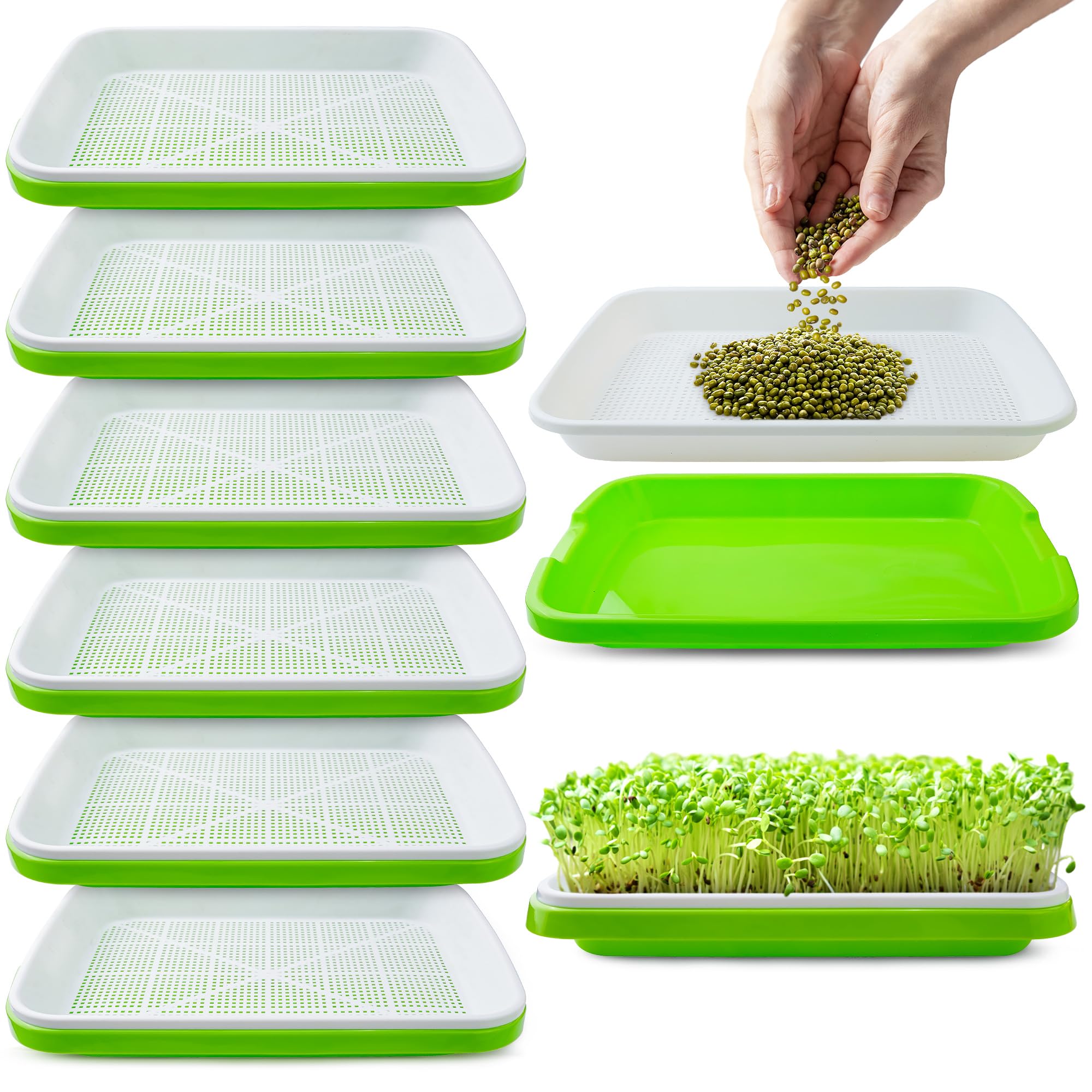 Pack 6 of Seed Sprouter Tray with Drain Holes,Seed Germination Tray Kit BPA Free Nursery Tray,Soil-Free Wheatgrass Tray Sprouter Microgreens Growing Kit (Green-6 Pack)-image-41