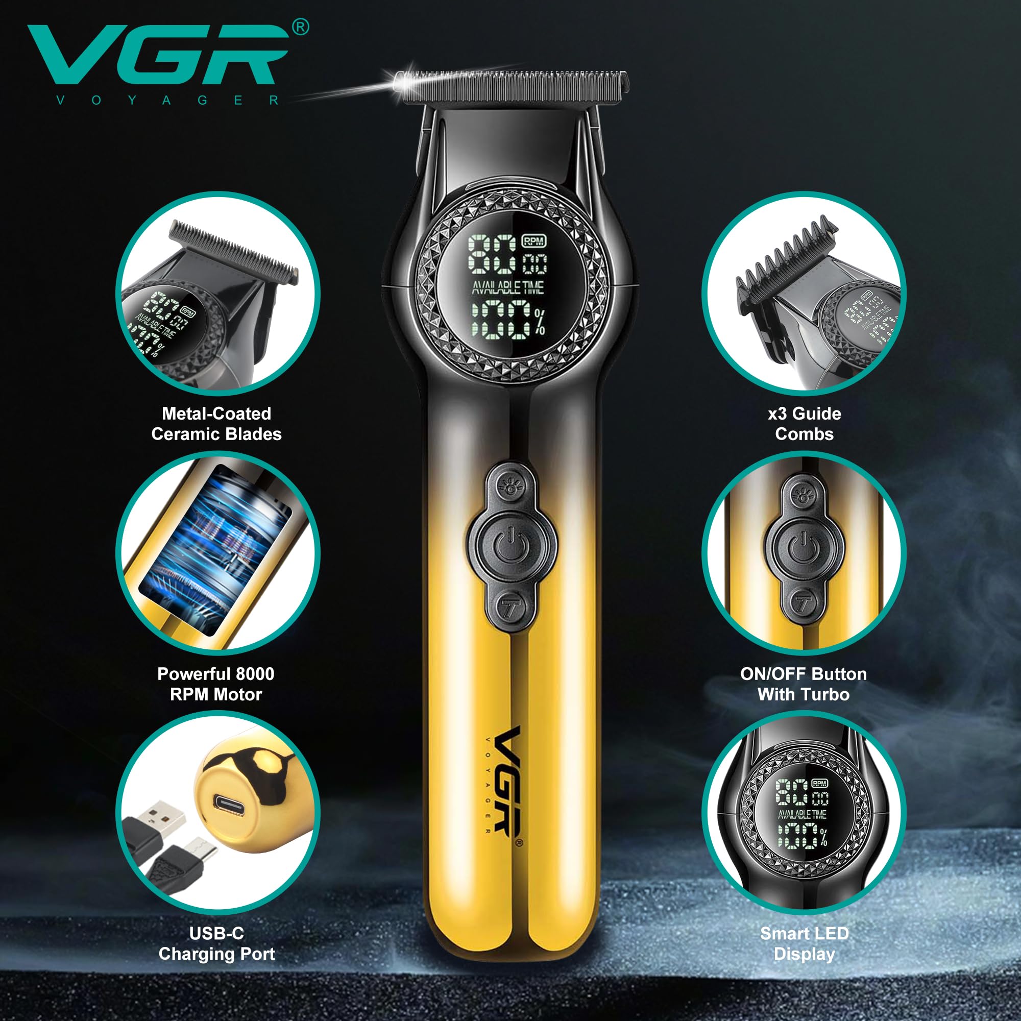 VGR Regolabarba da uomo ricaricabile USB-C, elettrico, professionale, 8000 giri/min, luce LED, 2 velocità, lame in ceramica, batteria da 200 minuti, tagliacapelli senza fili, kit per la cura del viso