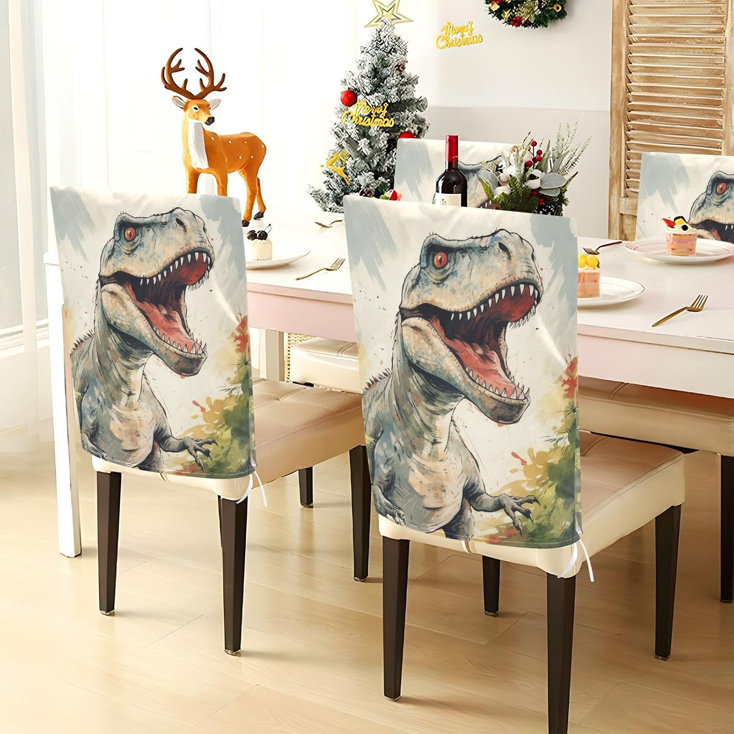 ALAZA Vintage Tropical Dinosaur Chair Back Cover Set of 6, Washable Reusable Removable Chair Slipcovers Decorative Chair Cover for Home Kitchen Wedding Party