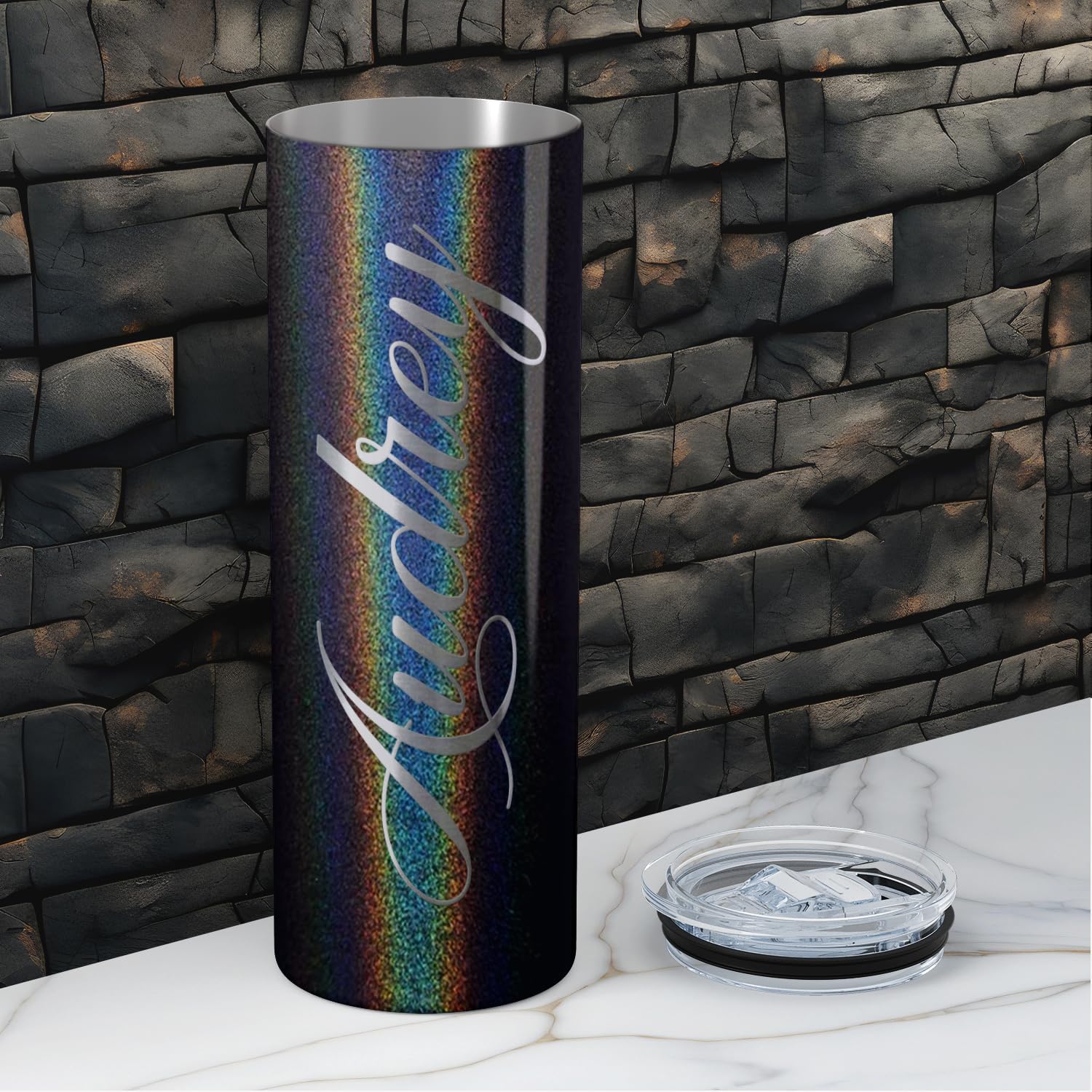 Personalized Skinny 20 oz with Lid on Black Glitter Customized Laser Engraved Cup Gift Stainless Steel Vacuum Insulated Mug - Image 8