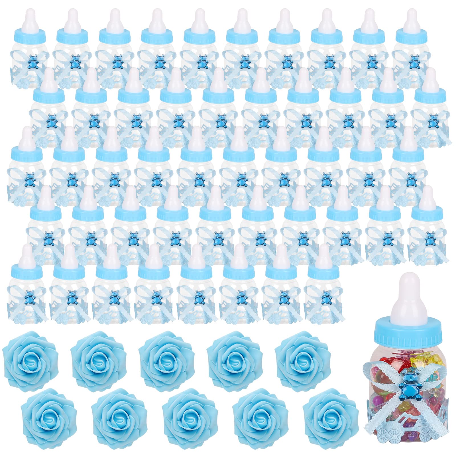 MACTING Baby Bottle for Baby Shower Favors, 4Dozens Mini Candy Bottles with 10pcs Artificical Flowers for Boys Girls Newborn Party Centerpiece