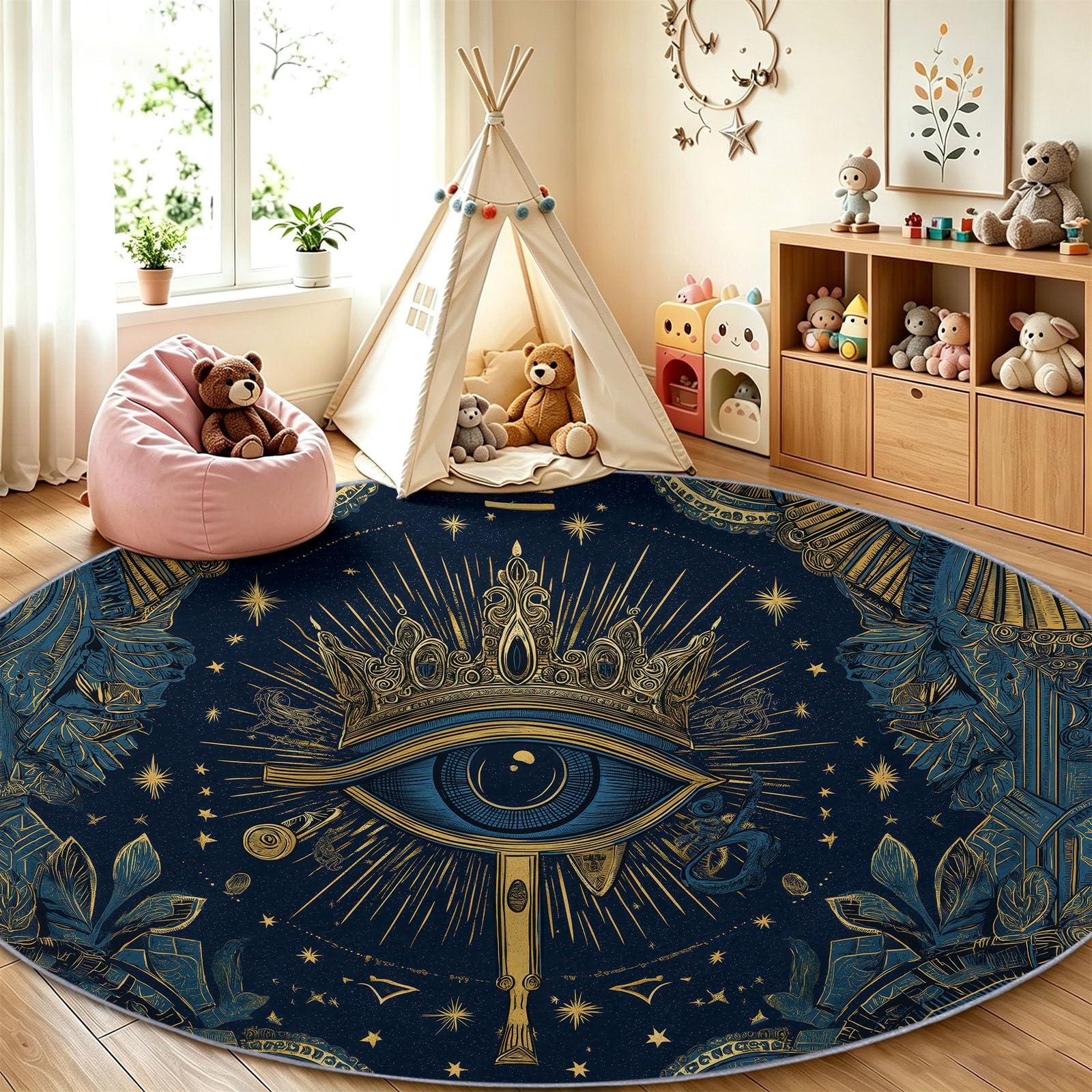 Generisch Okrągły dywan w stylu boho, do salonu, Ø 100 cm, miękkie krótkie runo, antypoślizgowy spód, łatwy w pielęgnacji, czarne oczy, korona do sypialni, dywan kuchenny