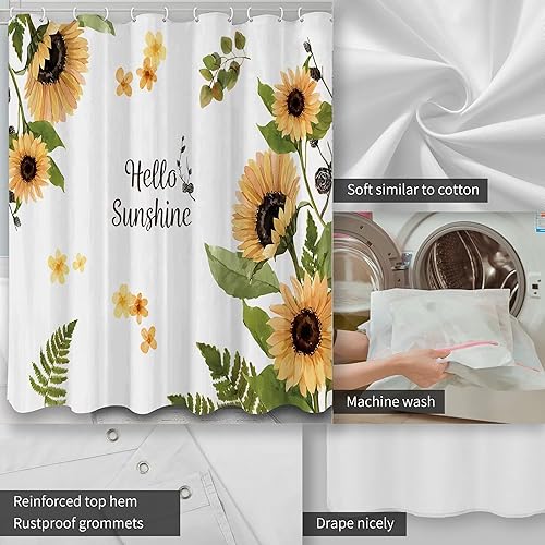 Miniatura 4 de Cortinas de ducha de girasol para bañeras, juego de cortinas de ducha de poliéster de tela floral con 12 ganchos, decoración de cortina de baño con