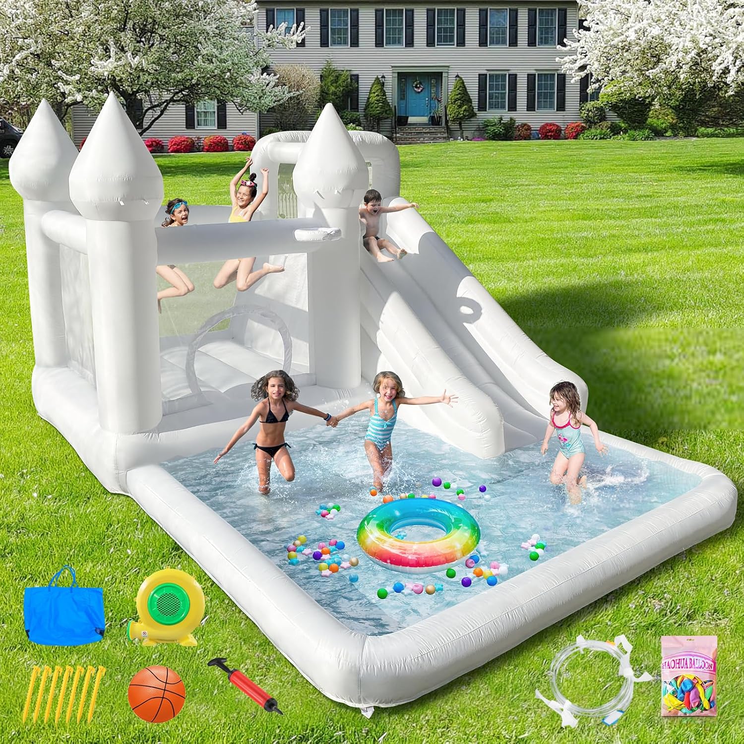 White Water Bounce House – 13.78x9.84x7.54FT Jumbo Bouncy Castle for Kids Birthday Parties, Events, and Outdoor Splash Fun. Durable, Safe, and Perfect for Memorable Celebrations