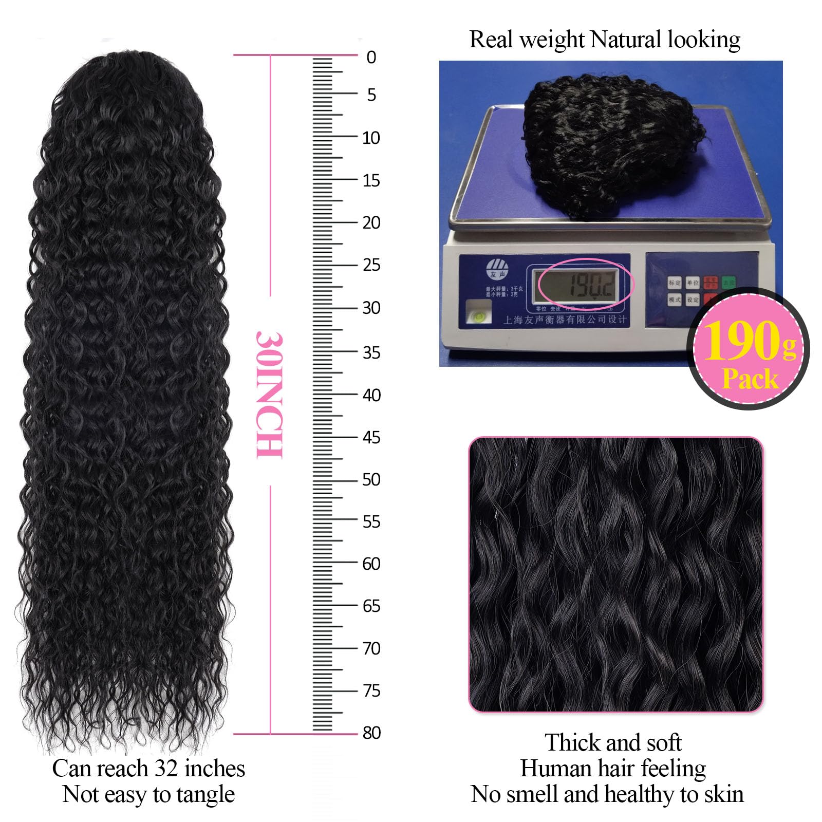 BEAUTY ON LINE Ponytail Extension Curly 30 inch Long Black Drawstring Ponytail Synthetic Clip in Ponytail Hair Extensions Curly Water Wave Clip in Hair Pieces for Women - Image 4