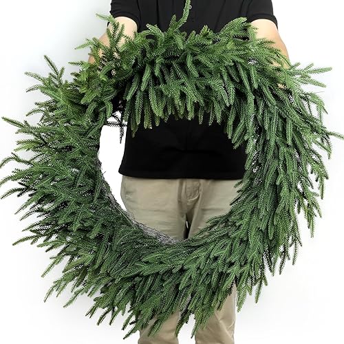 Vista 9 de Artgar Corona de Pino Navideña de 24 Pulgadas Coronas Navideñas para Puerta Principal, Corona de Pino Verde Artificial de Tacto Real para Hogar