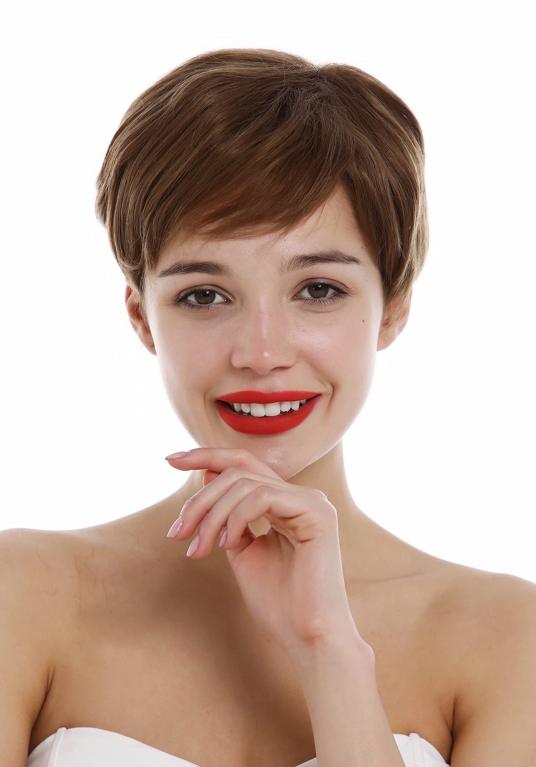 WIG ME UP-DP-HH-10 Parrucca Capelli veri Donna Uomo Corta Pixie cut Ondulata Riga Castano