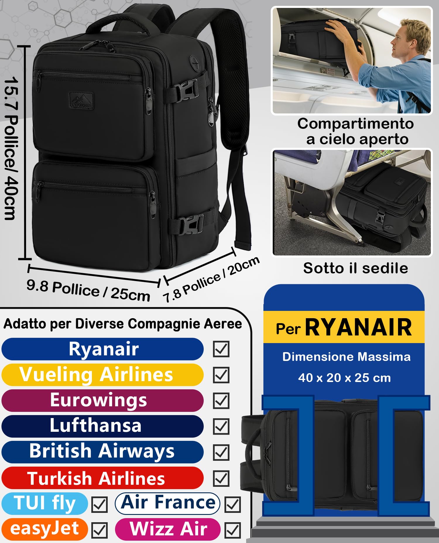 LYNXCHER Zaino Ryanair 40x20x25 da Viaggio Aereo Bagaglio a Mano 20L per Uomo e Donna Borsa da Cabina 14 Pollici Porta PC Nero