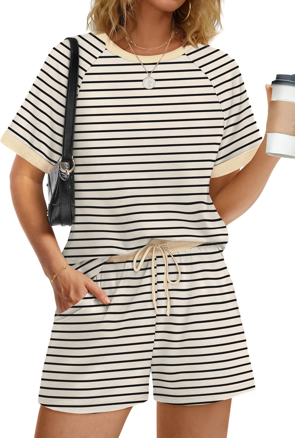 WIHOLL Two Piece Short Sets for Women Casual Summer Outfits Short Sleeve Crew Neck Lounge Matching Set