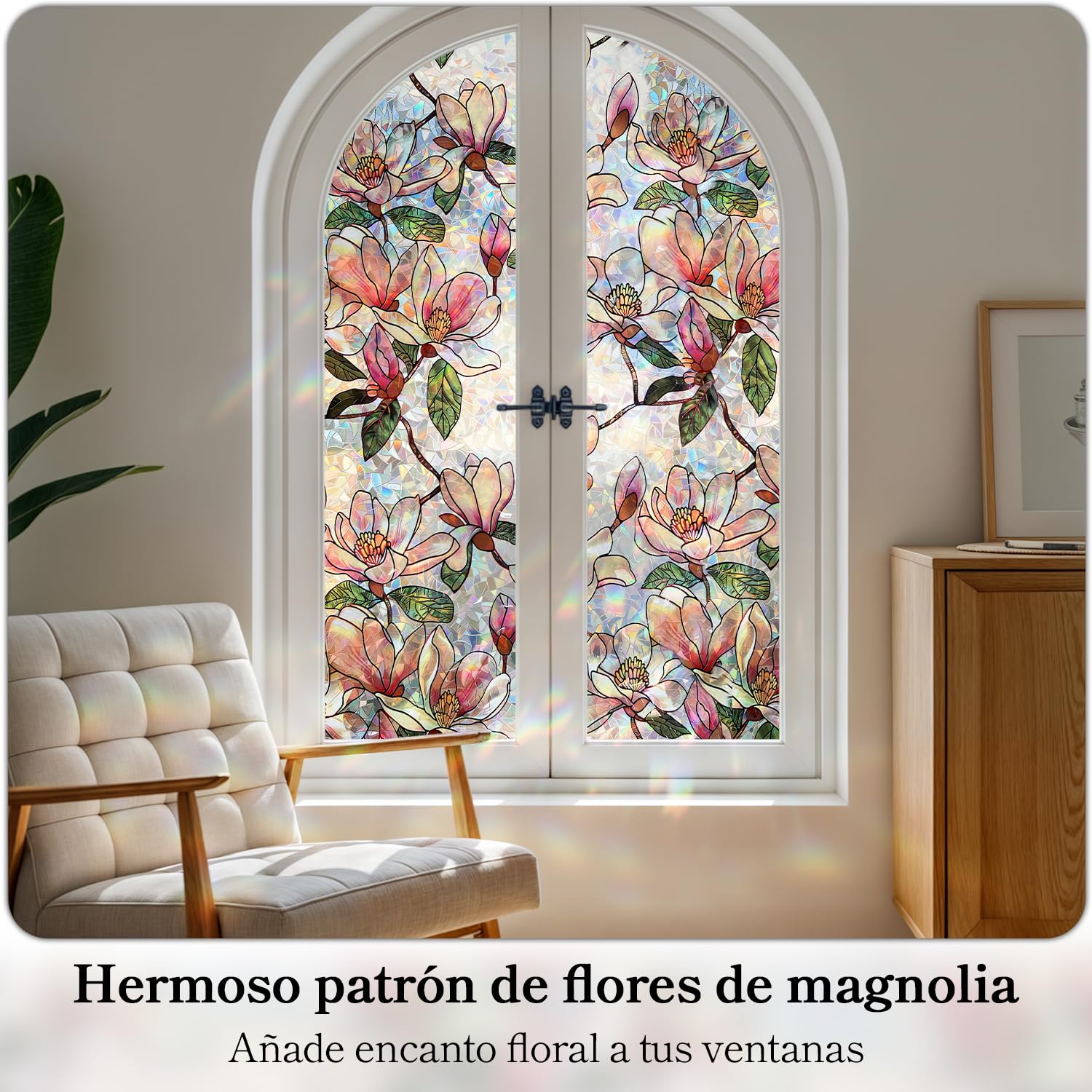 Qualsen Vinilos para Cristales Efecto Arcoiris Vinilo Ventana Privacidad Patrón de Flor de Magnolia Electrostática Decorativos Vinilo Cristal Anti UV No Adhesivo Lámina para Hogar Bano 90x400cm