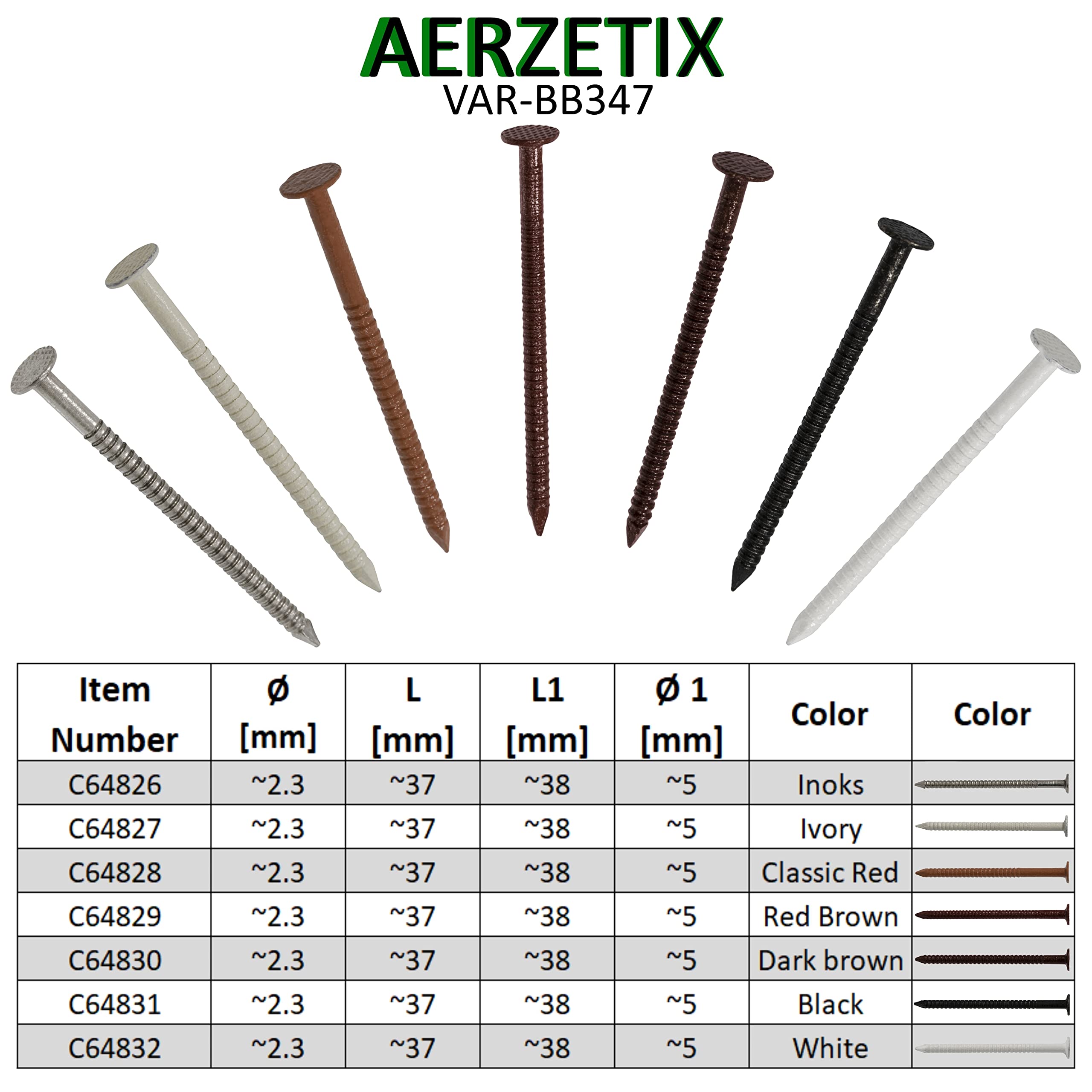AERZETIX - C64827 - Set di 25 chiodi zigrinati a testa piatta Ø2.3x37mm - chiodo con gambo ad anello - in acciaio A2 - colore avorio - fissaggio lamiere pannelli facciate grondaie legno