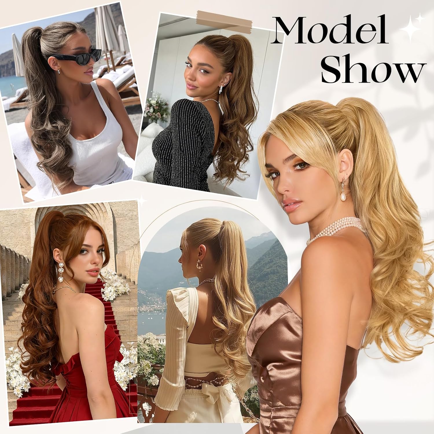 SOFEIYAN Drawstring Ponytail Extension for Women 24 Inch Comb Clip in Wavy Clip on Hairpiece Layered Fluffy Thick Pony Tails Hair Extension Synthetic Hairpieces for Daily Use - Auburn