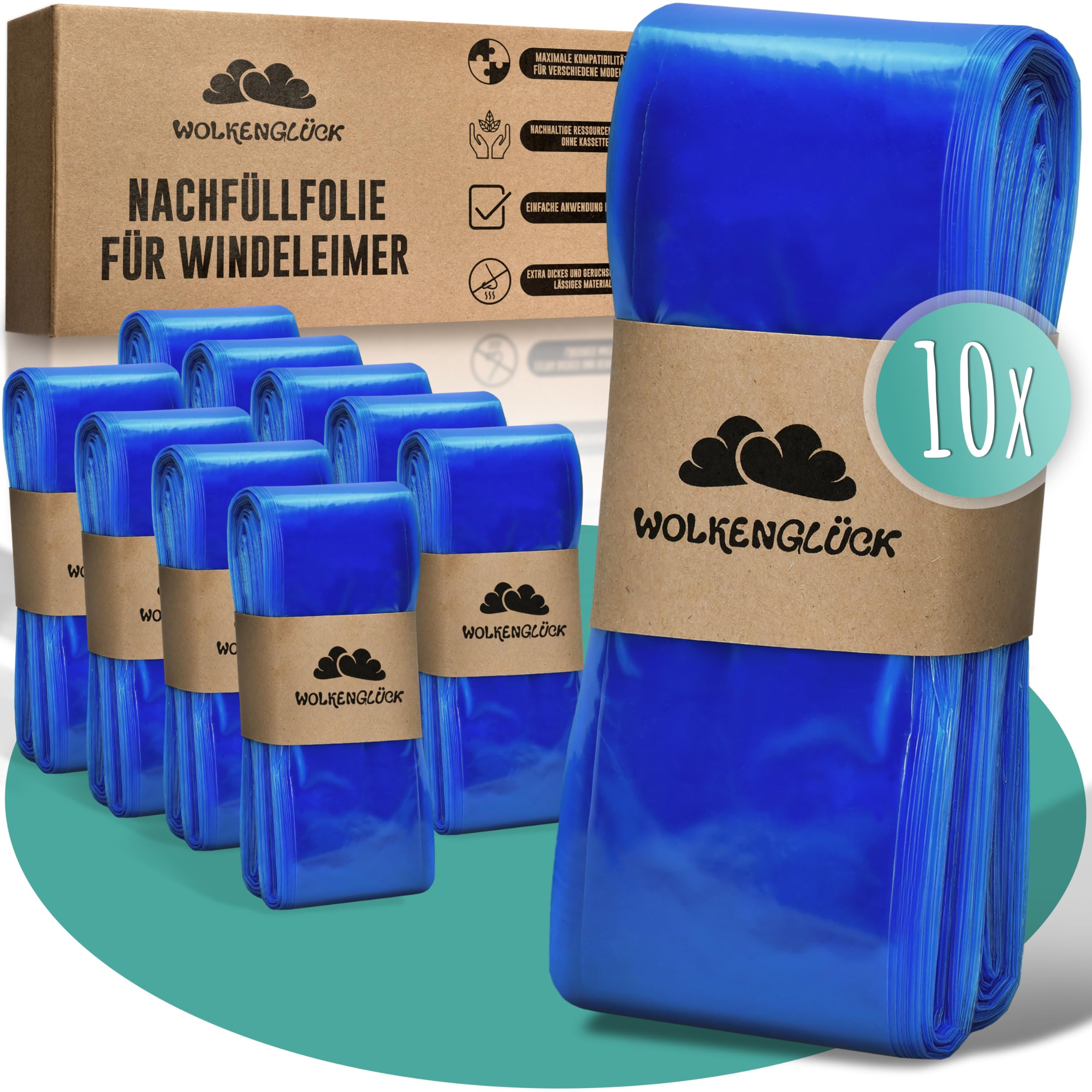 WOLKENGLÜCK® Windeleimer Nachfüllfolie [10er-Set in XXL-Länge] - kompatibel mit Windeleimer Nachfüllkassetten von Tommee Tippee, LittyCat, Chicco, Spross & Co. - reißfest & geruchsdicht