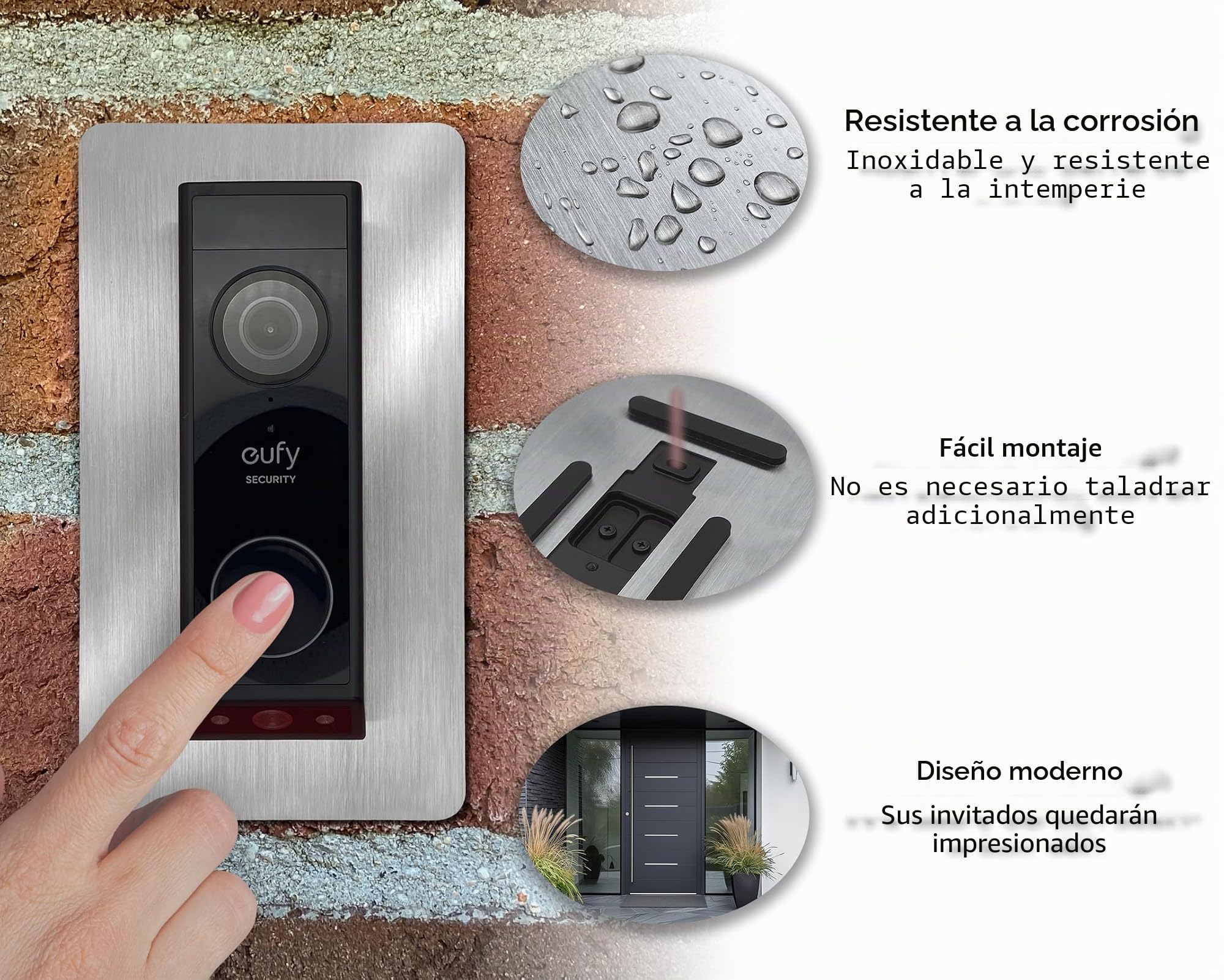 Cubierta de acero inoxidable para timbre Eufy Video E340 S330 S220 | Placa de timbre | Accesorios para soporte Eufy timbre con cámara (también C31 C30 Dual 2K HD FHD) | Pantalla Chime