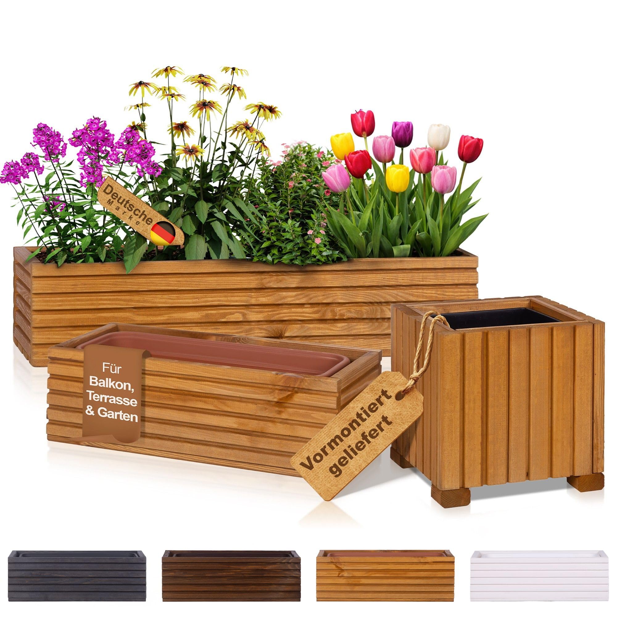BooGardi Blumenkasten Holz mit Einsatz · Blumenkästen in 3 Größen & 4 Farben · 64x20x14cm Hellbraun · Pflanzkasten für Balkon & Terrasse · Pflanzkübel außen & innen · Blumentopf vormontiert