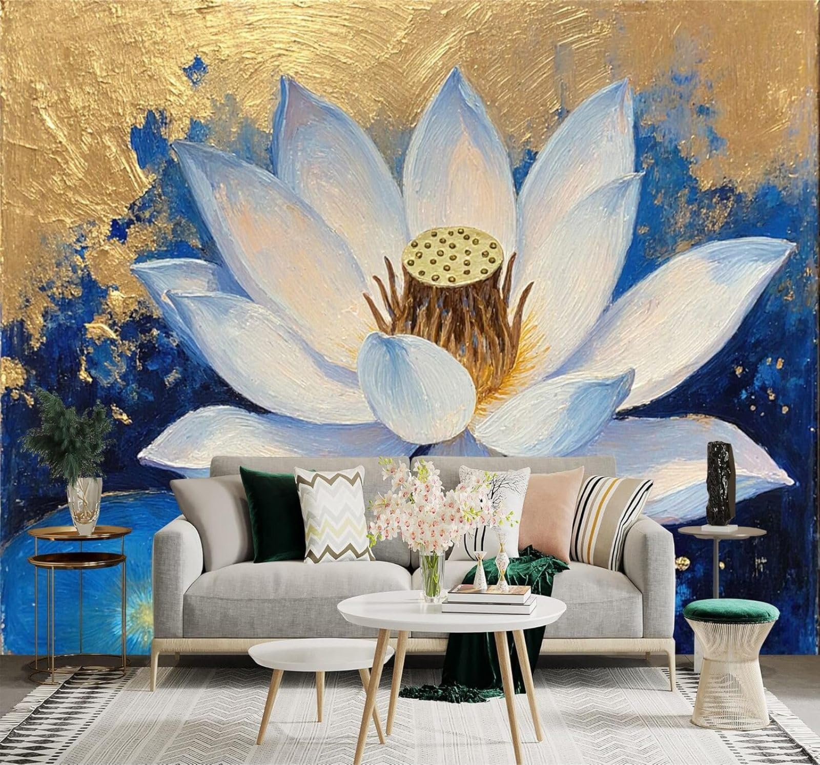 Xlming 300Cm×210Cm(B×H) White Lotus Abstract Graffiti Gold Blue 3D Wallpaper Silky Texture Home Study Office Grey Dining Room Sofa Bedroom Living Room Tv Backdrop-300Cm×210Cm