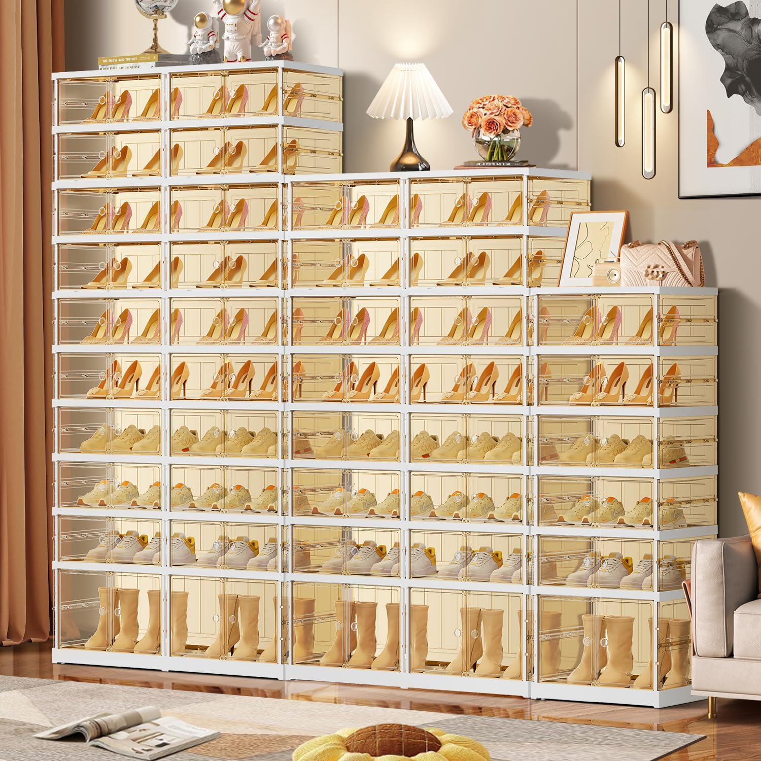 10 Tiers 20-40 Pairs Foldable Shoe Rack for Closet Plastic Stackable Shoe Boxes for Garage Collapsible Shoes Shelf with Doors Storage Organizer Cabinet Quick Assembly,Brown