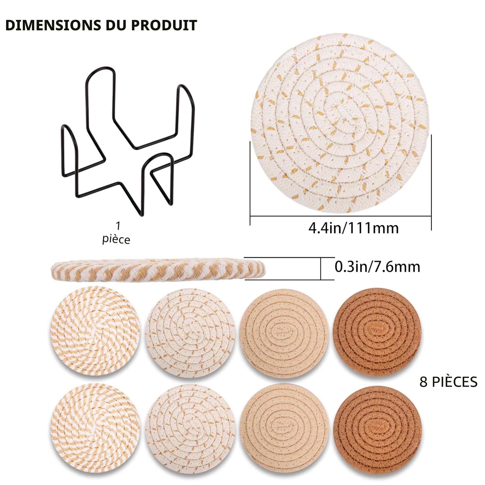 Lot de 8 Dessous de Verre Ronds avec Support - Antidérapants en Coton Tressé pour Verres (Jaune)