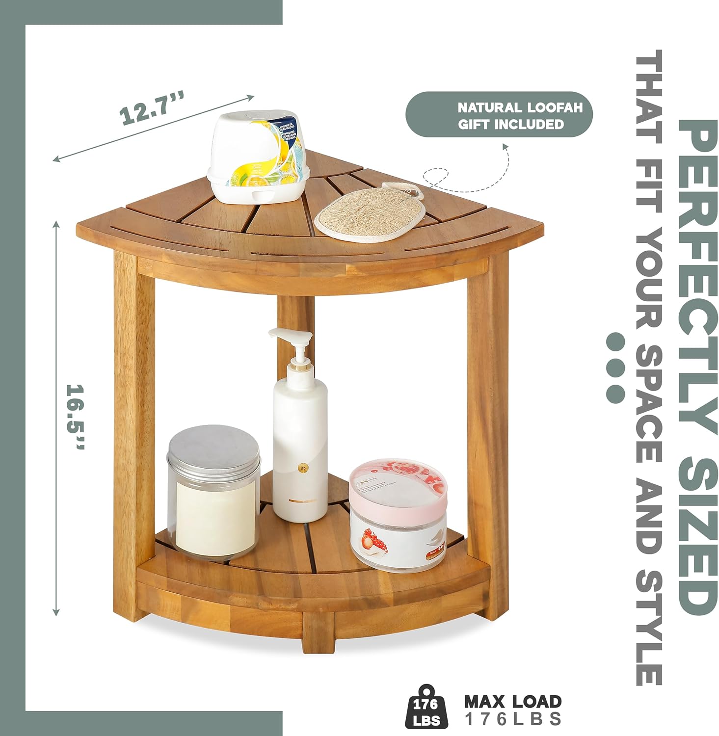 Acacia Wood Corner Shower Stool - Waterproof Triangular Bathroom Bench with Storage Shelf & Soap Dish for Shaving, Natural Wood (17.9x12.7x16.5)