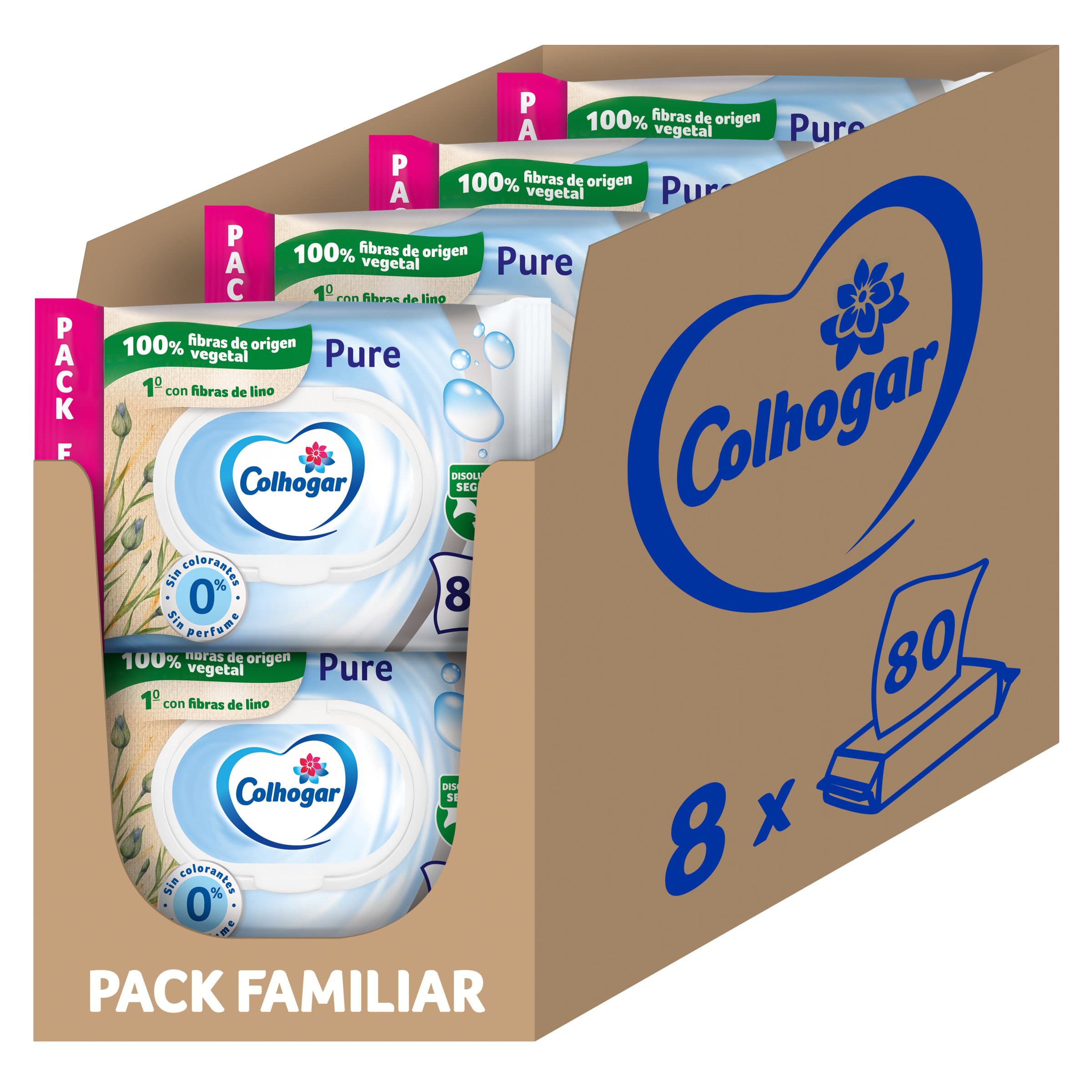 Colhogar Pure Moist x640 Disposable Wet Toilet Paper - Alcohol Free - Sensitive Skin - Dermatologist Tested - 640 Pack of Disposable Wet Wipes by Toilet (8x80)