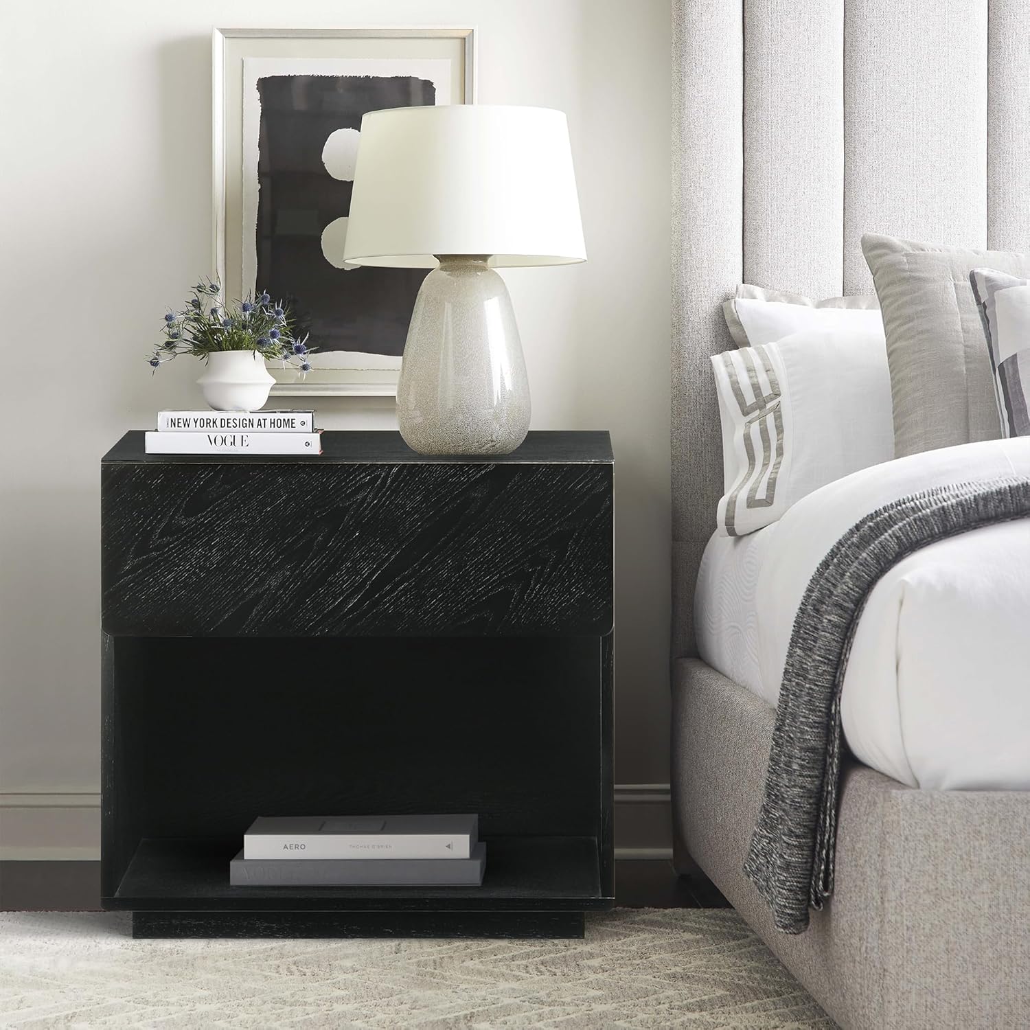 Armen Living Petra Modern 1 Drawer Wood Nightstand with Shelf, Black