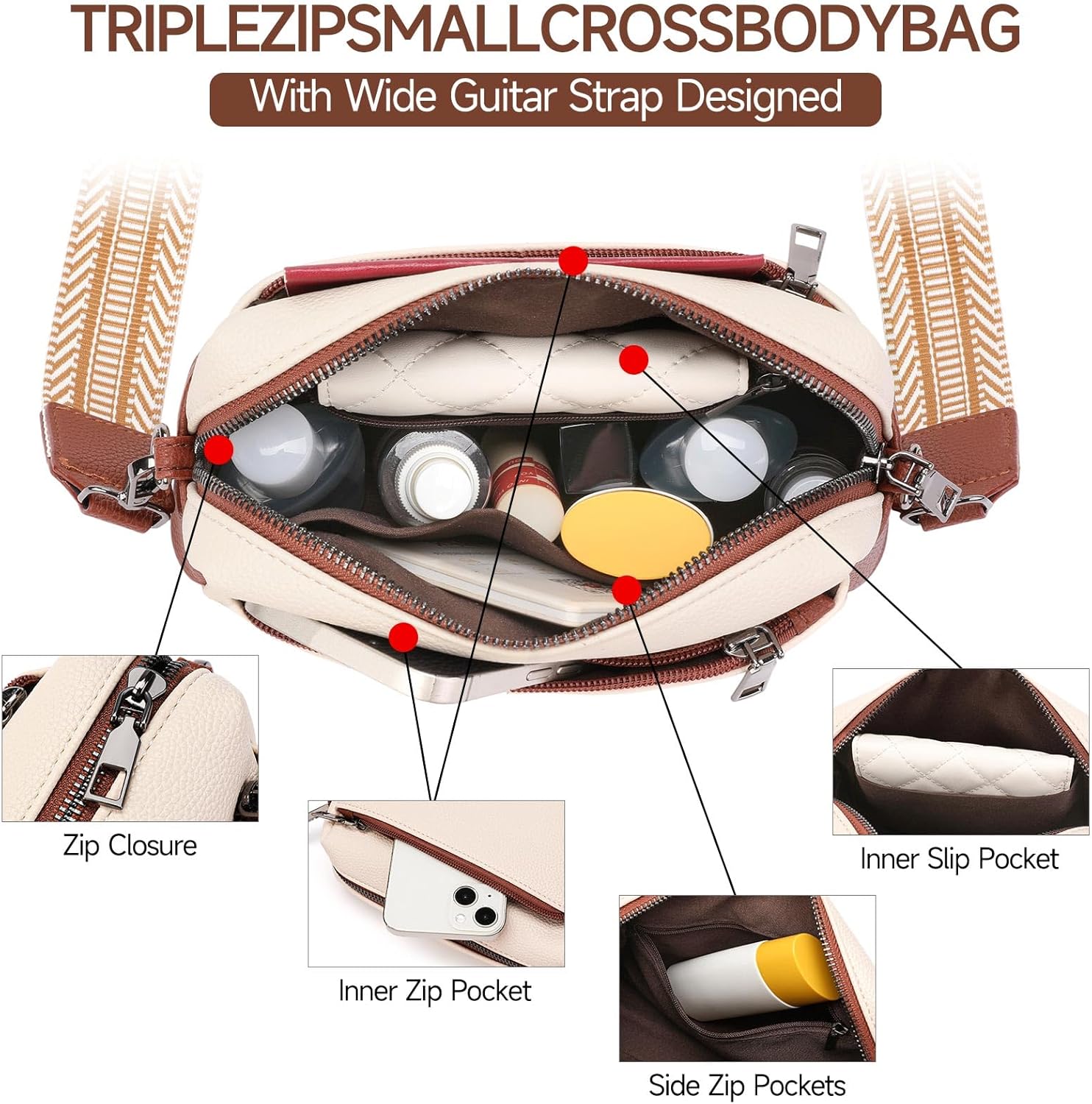 FALAN MULE Small Crossbody Bags for Women Pu Leather Triple Zip Cell Phone Handbag with Adjustable Shoulder Strap - Image 4