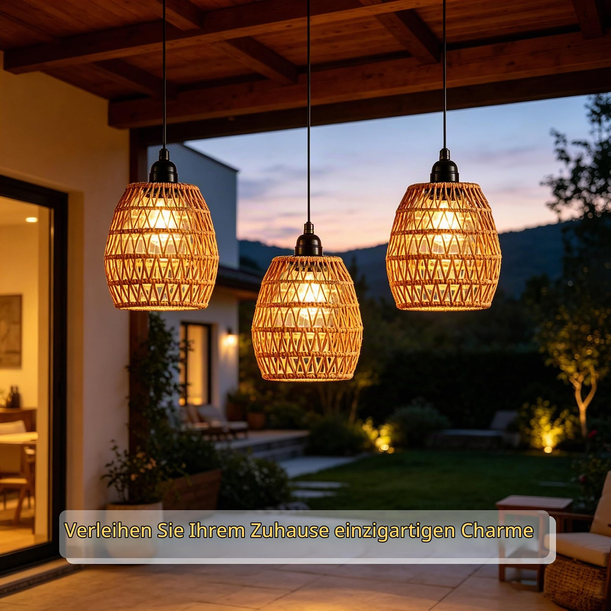 3 x Rattan Hängelampe mit Batterie, Dimmbar Hängeleuchte Batteriebetriebene Lampe mit Fernbedienung Ohne Stromanschluss, Außen Innen Tragbare Boho Korb Lampenschirm Pendelleuchte für Garten Balkon