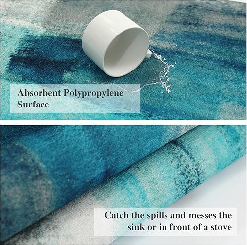 Miniatura 3 de MAYHMYO Juego de 2 alfombras y tapetes de cocina verde azulado, 20 x 48 + 20 x 29.5 pulgadas, color turquesa, alfombra de cocina de arte abstracto,