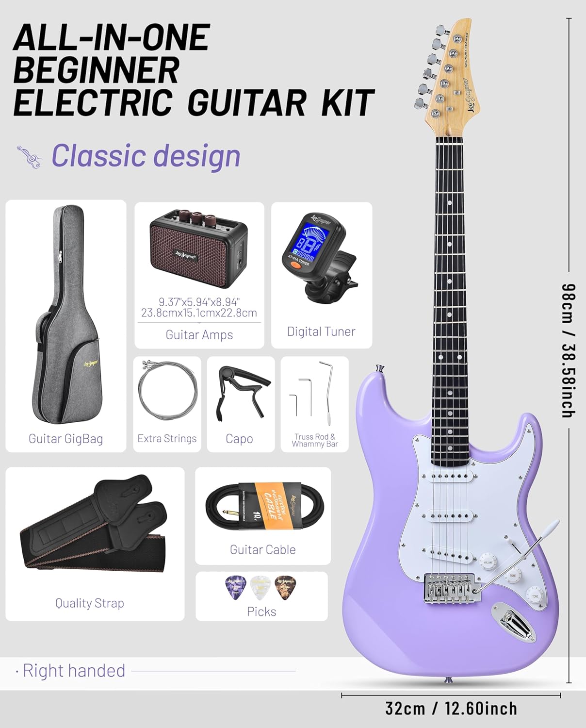 Leo Jaymz Beginner Electric Guitar Complete Kit with Portable Amp, Padded Gig Bag & Full Accessories, Maple Neck SSS Pickups(Violet)