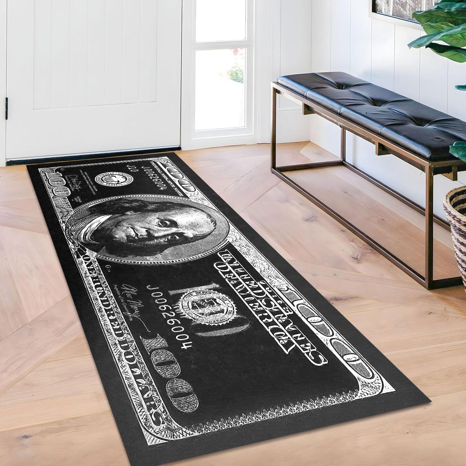 100 Dollar Bill Runner Rug for Hallway Black and White Area Rug for Bedroom Modern Non Skid Money Rug Cool Indoor Washable Rugs for Bathroom and Kitchen Laundry Room Living Room Carpet 24”x59”
