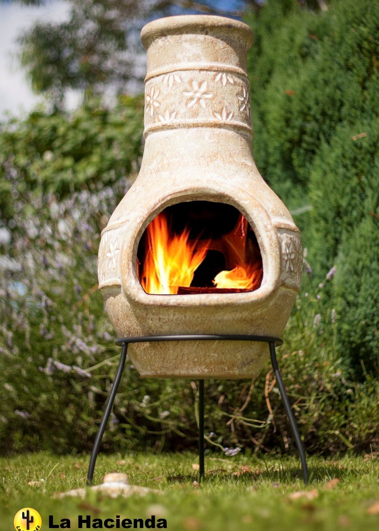Clay Chimenea Chiminea - Terracotta Star Flower - Patio Heaters - 85cm tall, Including Stand And Lid