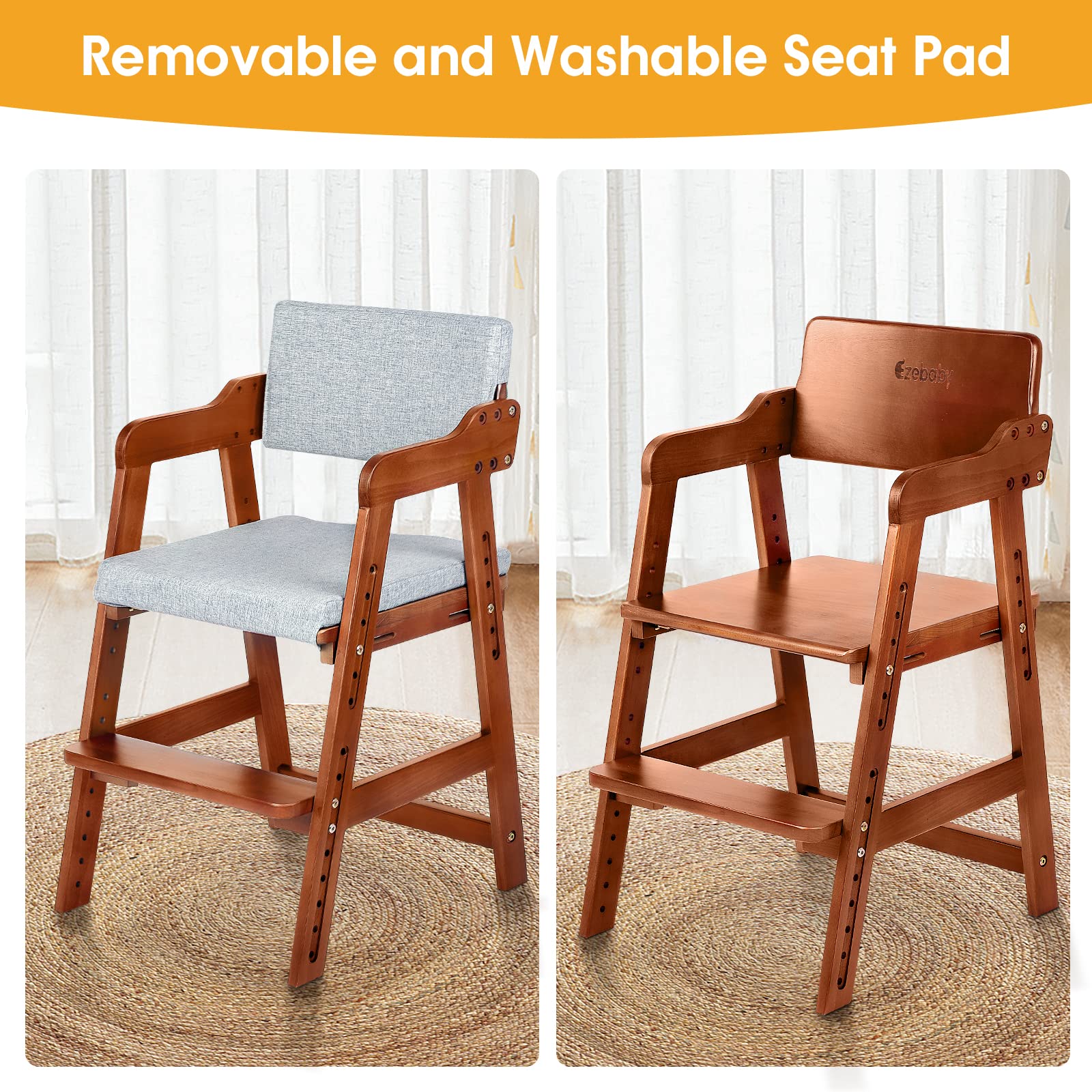 Ezebaby Seggiolone, sedia per bambini, in legno di faggio, regolabile in altezza, stabile e sicura, fino a 90 kg, per bambini e adulti