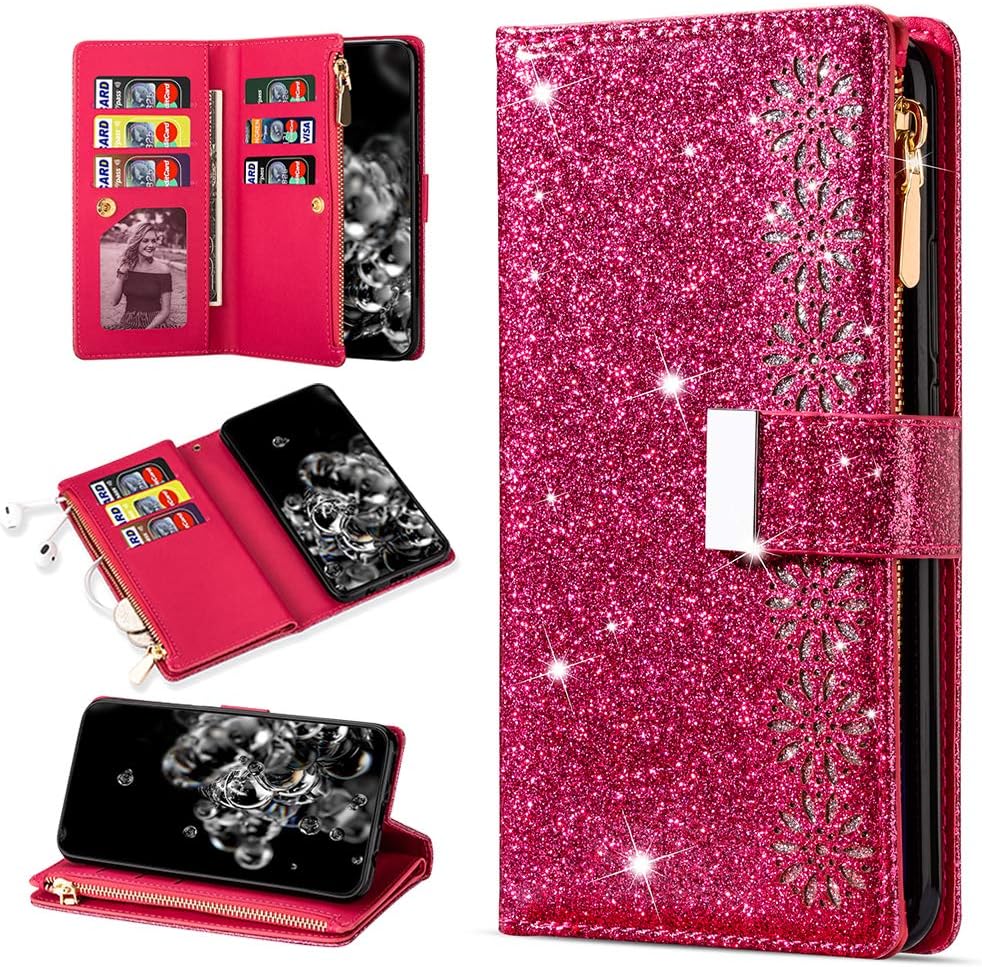 QC-EMART for Huawei P Smart 2019 Phone Wallet Case Large Capacity Card Holders Zipper Pocket Flip Cover Glitter PU Leather Magnetic Blocking Ladies Purse Clutch for Huawei P Smart 2019 Rose Red