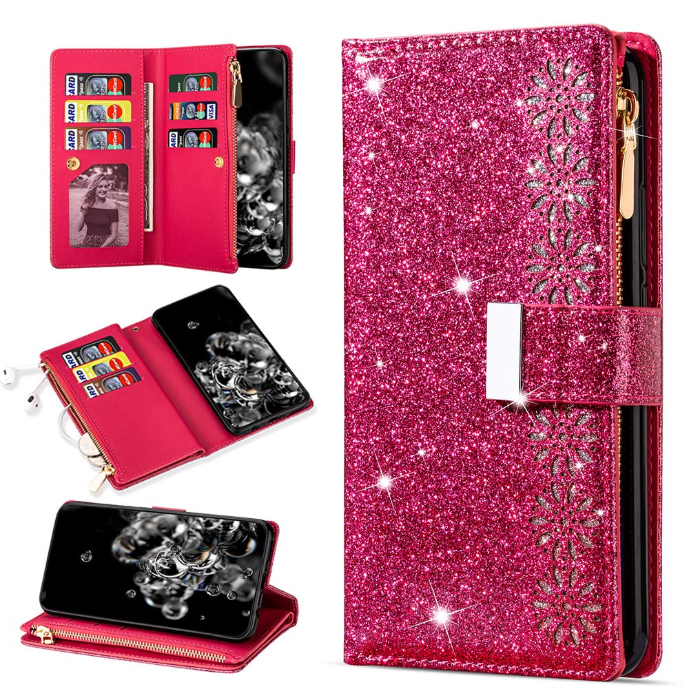 QC-EMART for Huawei P Smart 2019 Phone Wallet Case Large Capacity Card Holders Zipper Pocket Flip Cover Glitter PU Leather Magnetic Blocking Ladies Purse Clutch for Huawei P Smart 2019 Rose Red