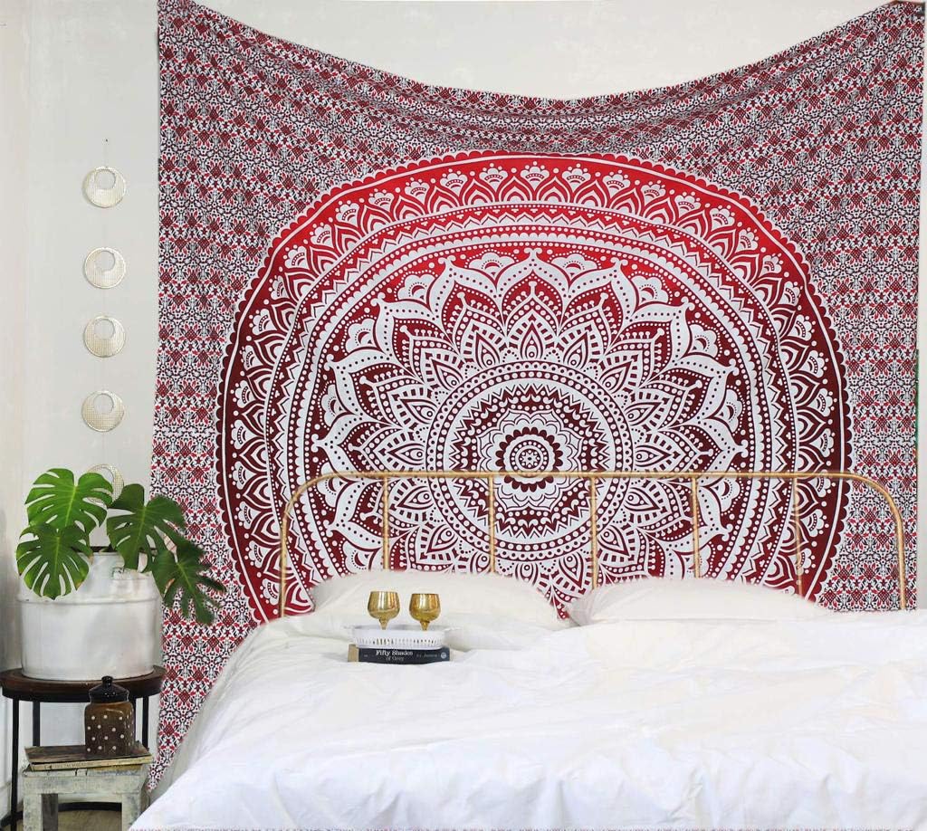 raajsee Large Red Ombre Mandala Tapestry Wall Hanging, Indian Cotton Beach Throw Blanket, Hippie Elephant Queen Boho Decor