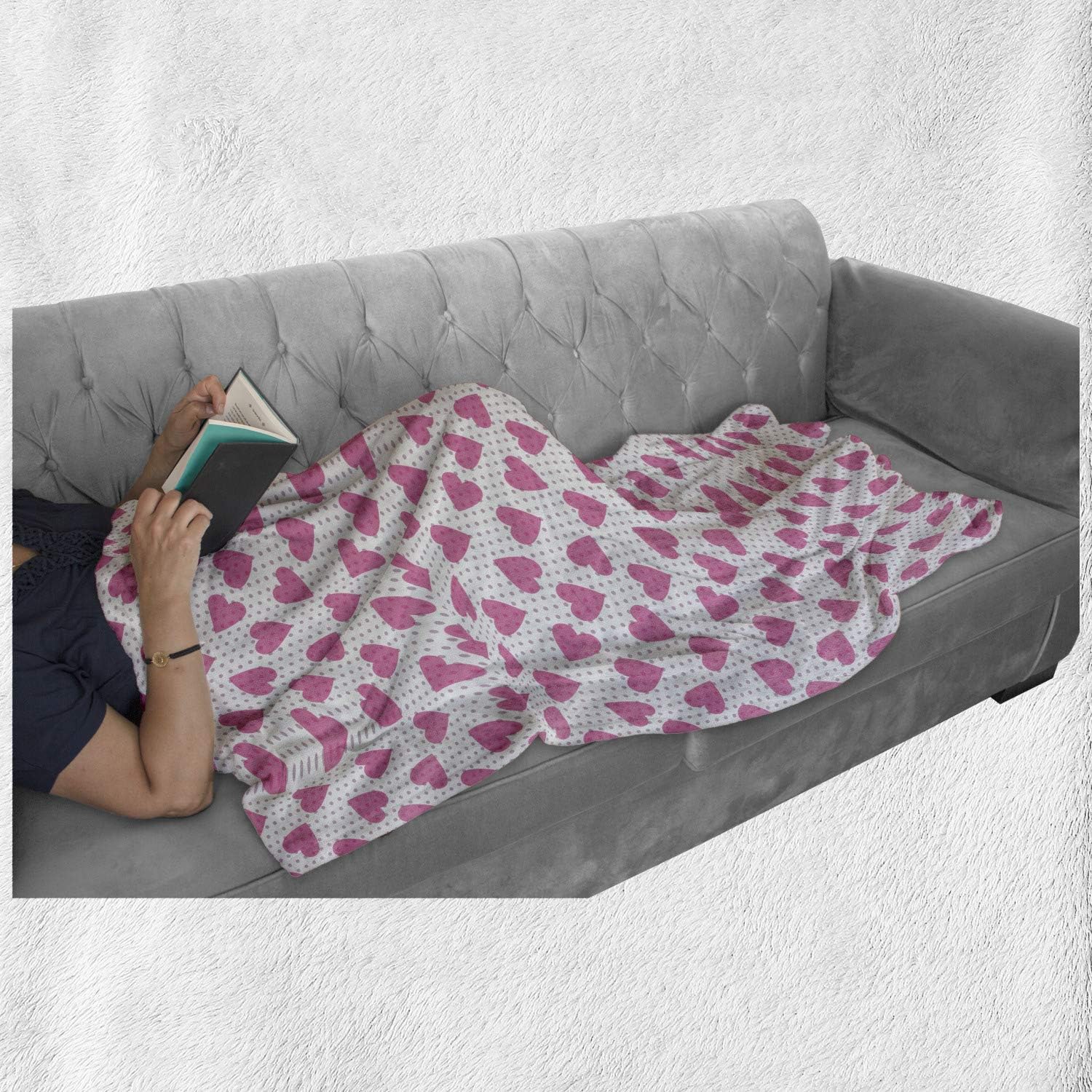 Lunarable Romantic Throw Blanket, Pinkish Hearts on Polka Dots Valentines Day Youth Birthday Celebration, Flannel Fleece Accent Piece Soft Couch Cover for Adults, 60" x 80", Pink Mauve and White