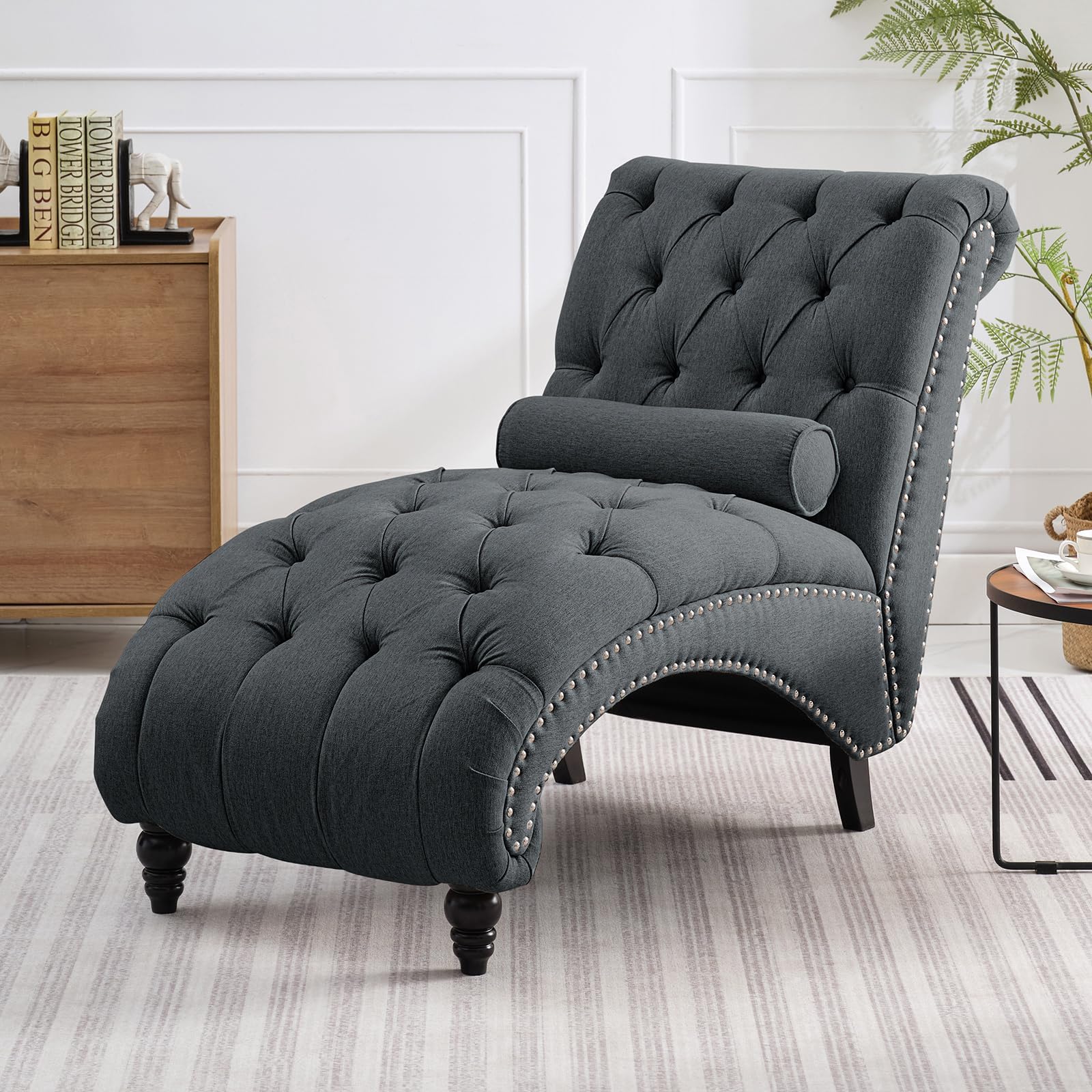 BALUS Button-Tufted Chaise Lounge Indoor, Linen Rivets Chair with Support Pillow and Solid Wood Legs, Armless Rolled Backrest Leisure Sofa Recliner for Living Room Bedroom Apartment,Dark Gray