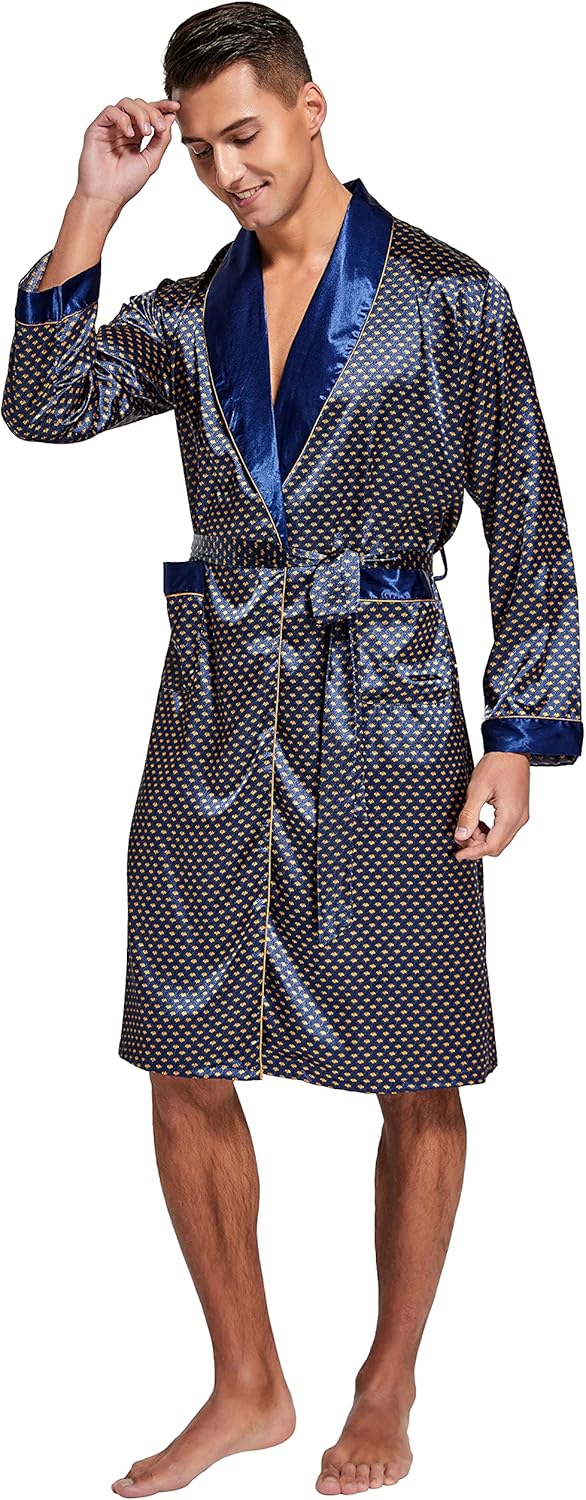 Tony & Candice Men's Satin Robe Lightweight Long Sleeve Silk Kimono Bathrobe with Shorts Set Sleepwear - Image 4