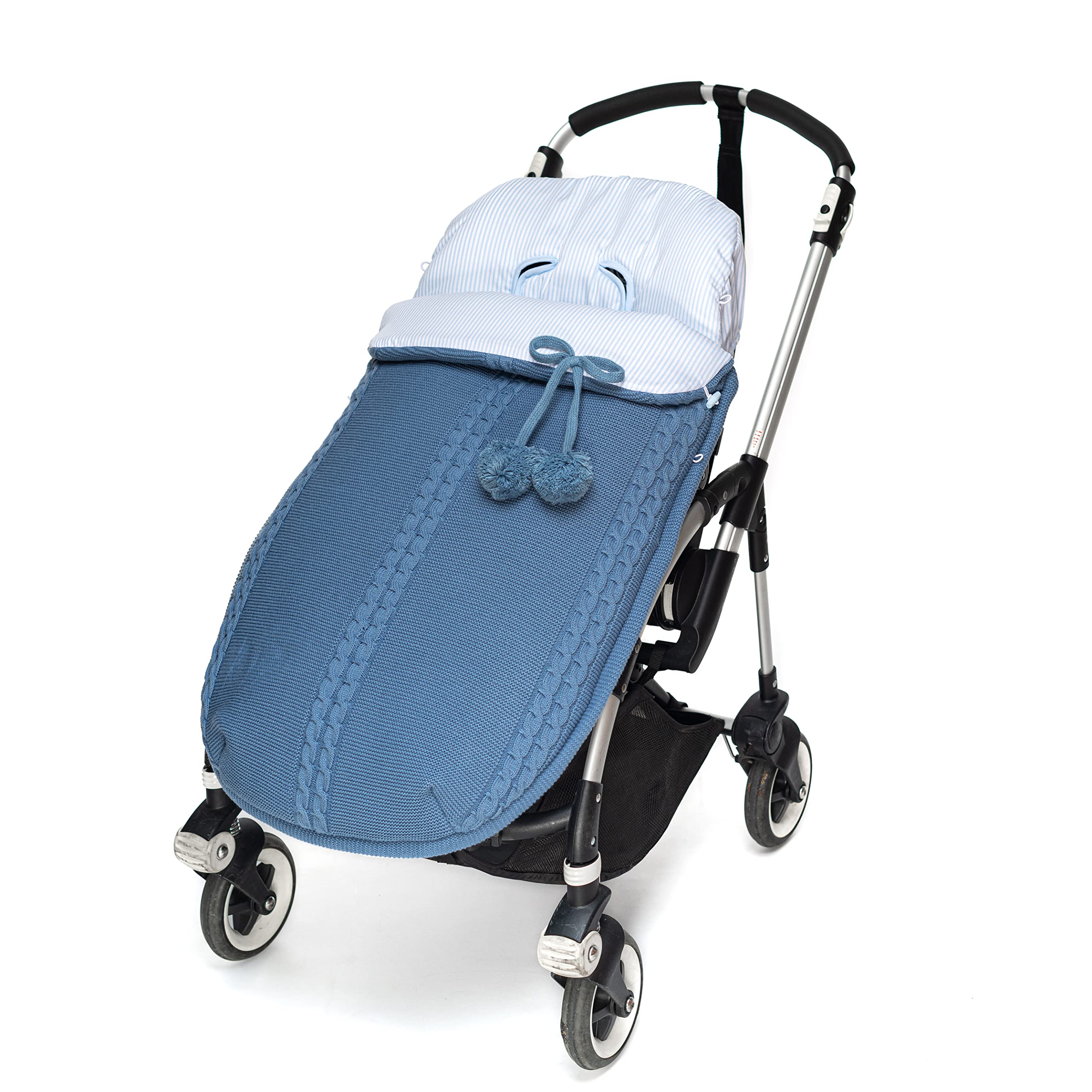 Sacco Universale per Passeggino invernale in maglia di lana e cotone a righe. Modello Sophie. Blu/Blu
