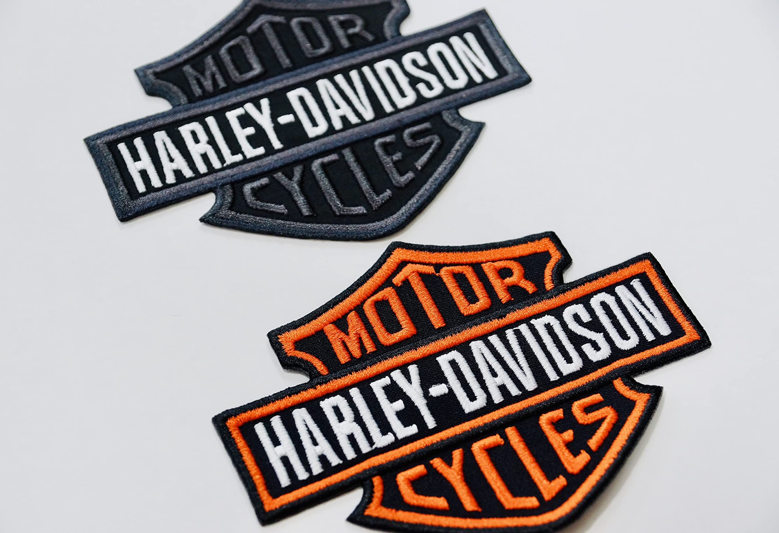 Basic + Charcoal Harley Logo Iron-onPatches for Clothes - Embroidered Fabric Iron On Logo Patches - Handmade Sew-On Motorcycle Biker Applique for Vests Hat JBackpack Large 4.4” X 3.1” 2 Pcs