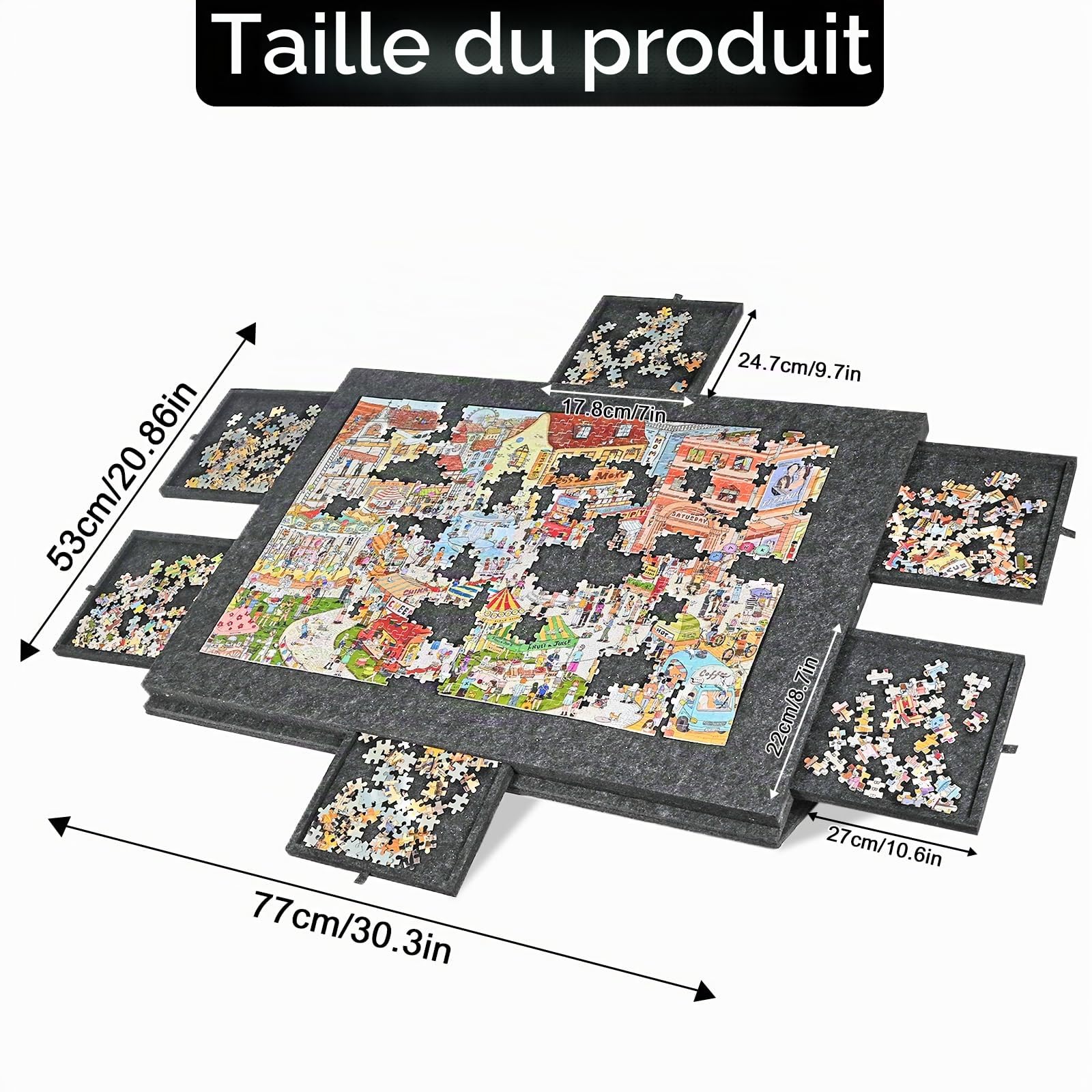 Planche à puzzle inclinable 2 en 1 avec support et couvercle - Table de puzzle ultra légère en feutre - 6 tiroirs - 1000 pièces