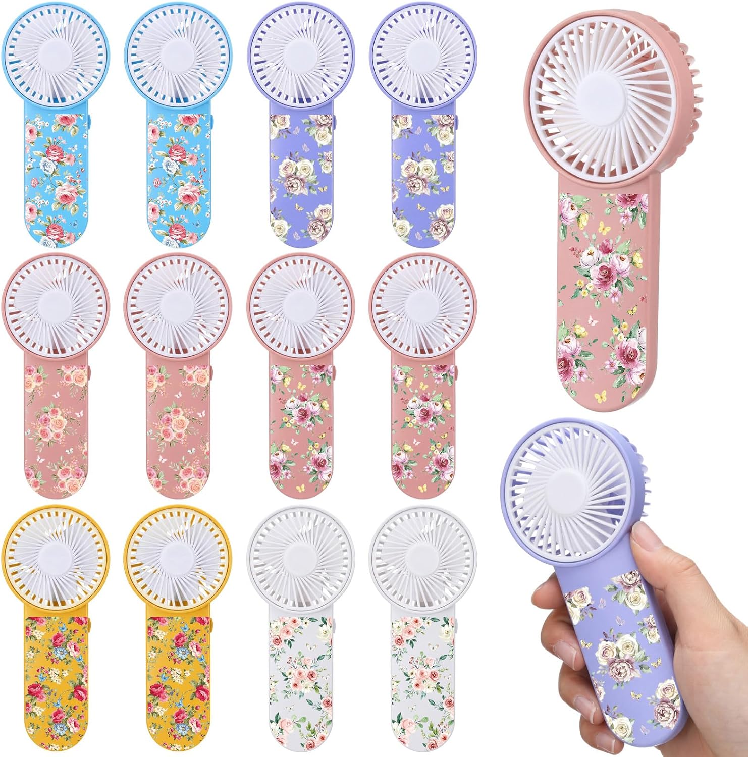 Gerrii 12 Set Floral Mini Fans Bulk for Guests Wedding Tea Party Portable Personal Battery Powered Small Handheld Fans for Bridal Shower Bridesmaid Thank You Gift Decorations Summer Party Favors